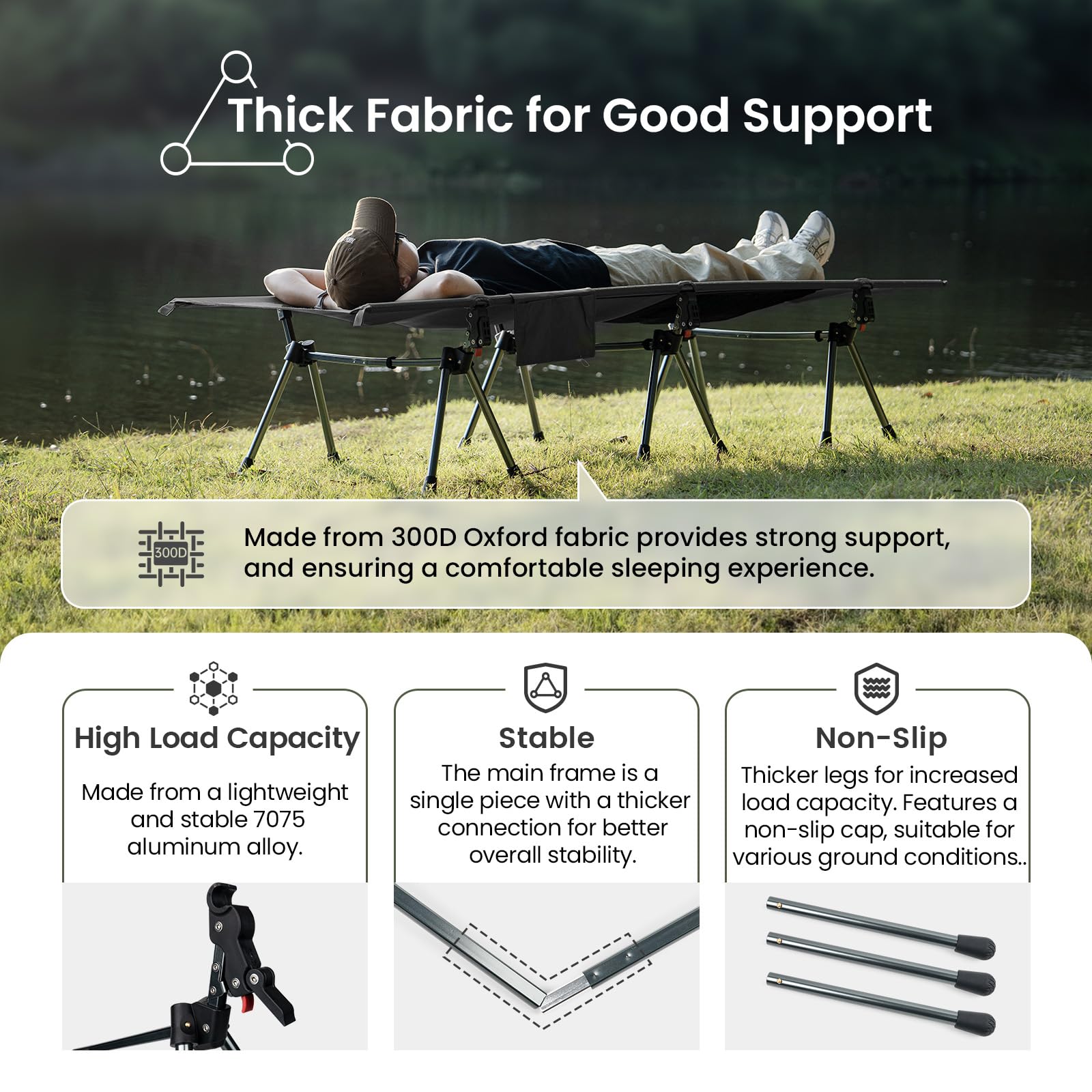 OneTigris SUPRANUBIS Adjustable Height Camping Cot - Heavy Duty 330lbs Support with Leg Extenders - Portable Folding Bed for Outdoor Adventures, Travel, Beach & Office Use - Perfect for Camping, Hiking, Truck Beds & Power Naps (Black)