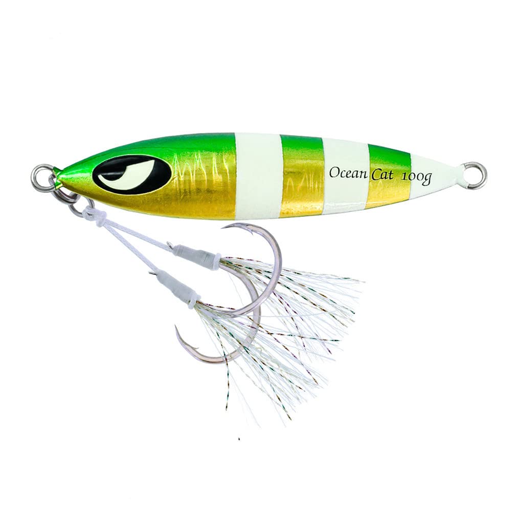 OCEAN CAT Slow Sinking Metal Jig Lures - 1PC Lead Flat Jigging Bait with Hook for Saltwater Fishing | Perfect for Deep Sea, Pier & Shoreline Angling