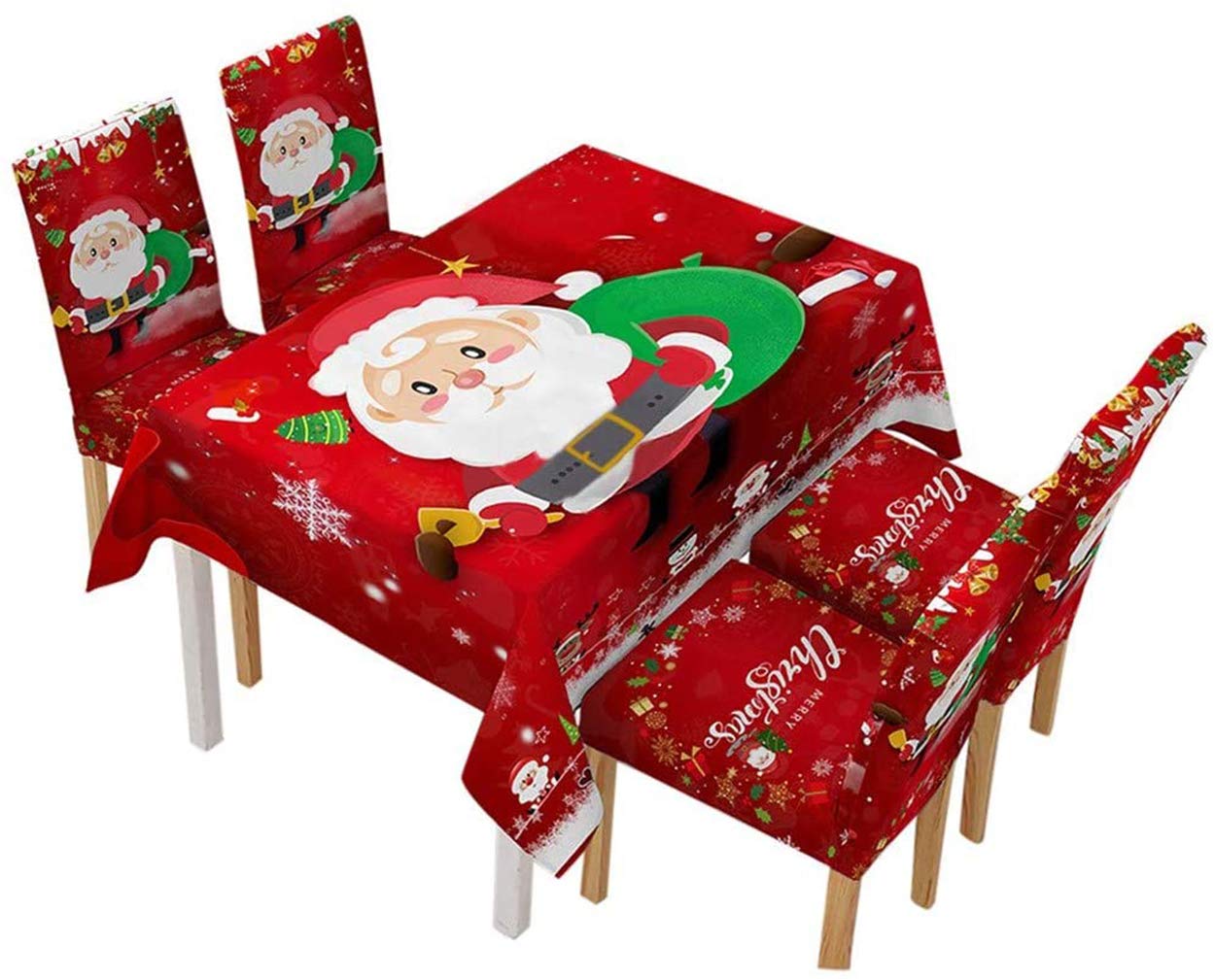 GUBAOPQLA Blue Santa Christmas Tablecloth and Chair Covers Set of 5PCS (150x260cm) - Holiday Dinner Party Decorations for Festive Dining, Family Gatherings & Christmas Celebrations