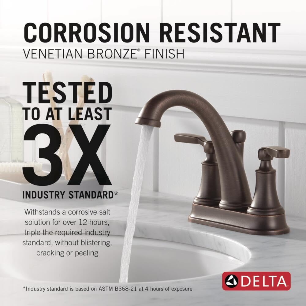 Delta Woodhurst Centerset Bathroom Faucet - Oil Rubbed Bronze 2-Handle Bathroom Sink Faucet with Metal Push-Pop Drain - Venetian Bronze 2532LF-RBMPU - Perfect for Modern Bathroom Vanities and Powder Rooms