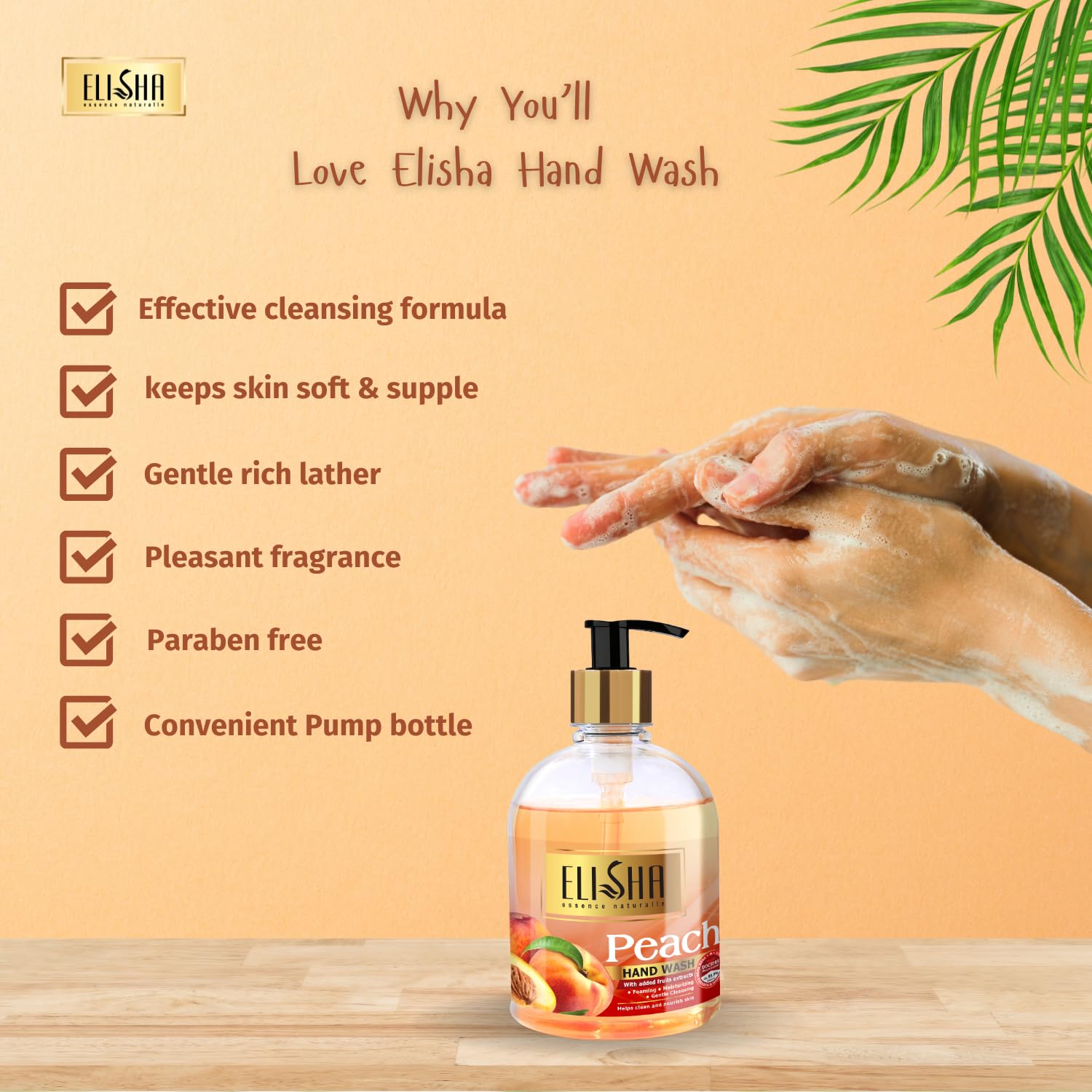 Elisha Scented Peach Hand Wash Dispenser - 500ml Family Pack | 10x Germ Protection | Moisturizing & Gentle Formula | Natural Liquid Soap for Kitchen, Bathroom & Office Use