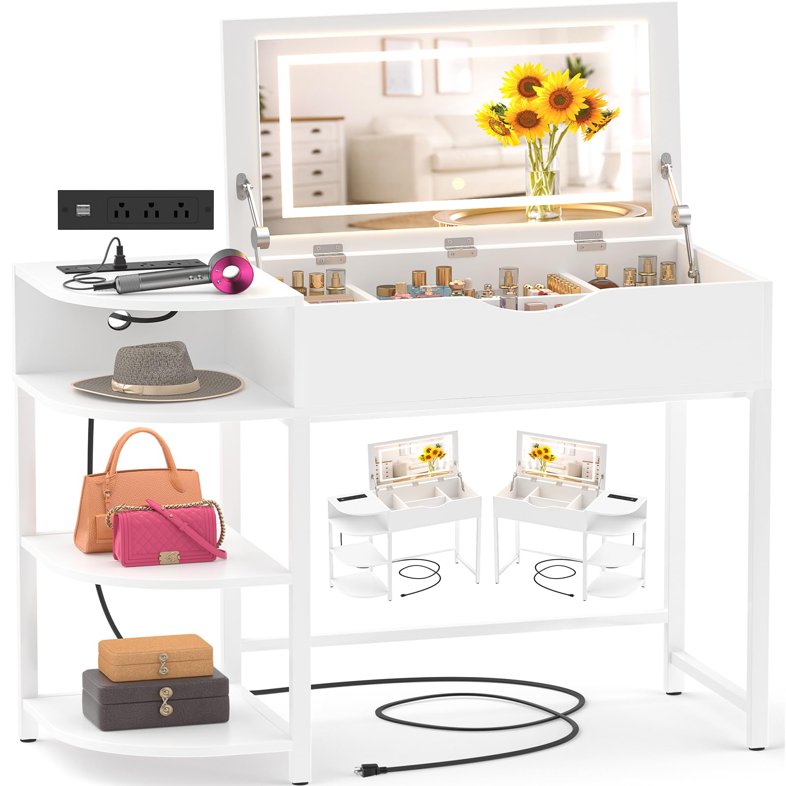 Cyclysio White Vanity Desk with Flip Top Mirror & LED Lights - Makeup Dressing Table with Storage Drawers, Shelves & USB Charging Station - Perfect for Small Spaces, Bedroom, Apartment & Dorm Room Organization