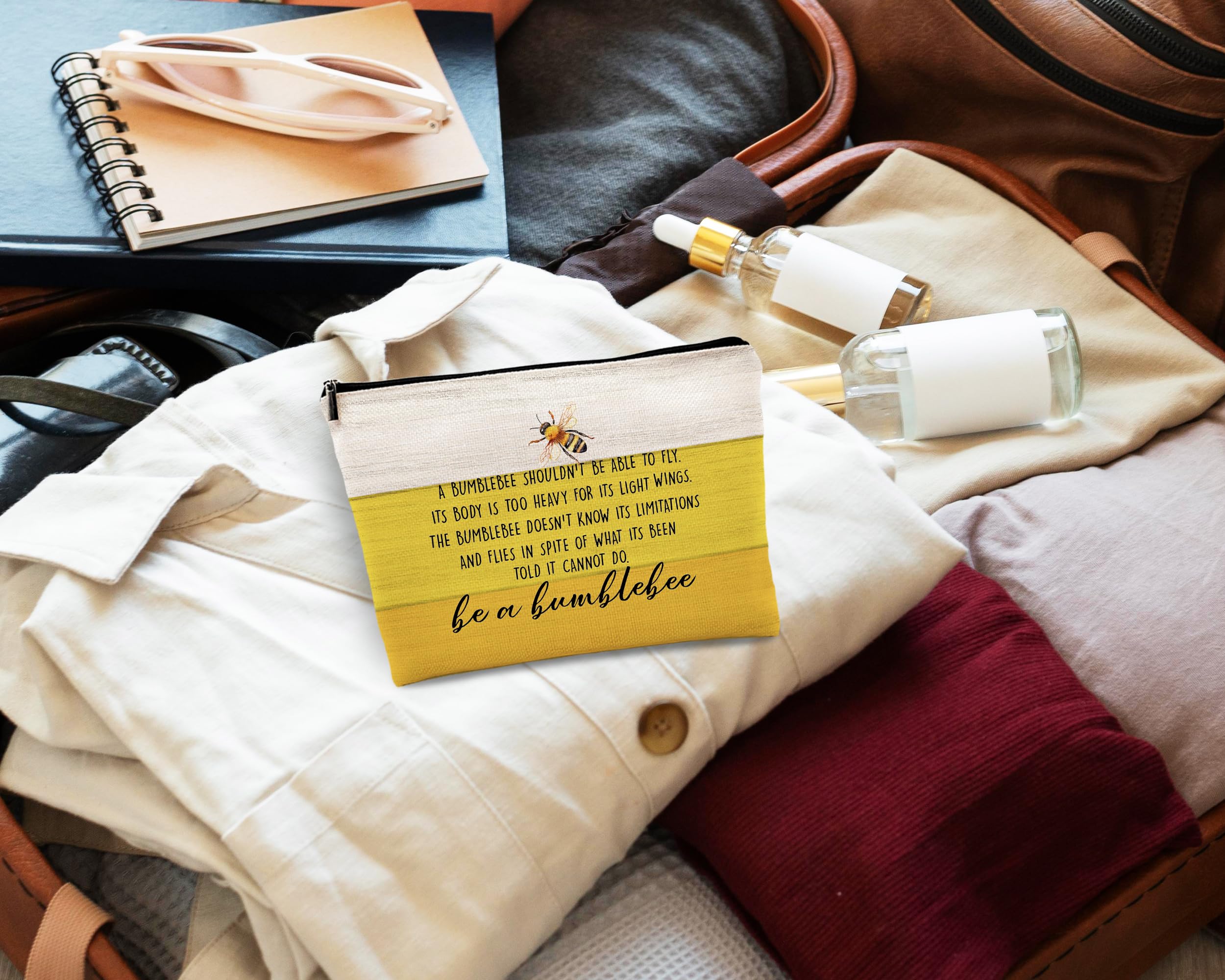 Honey Bee Makeup Bag - Bumblebee Themed Cosmetic Pouch for Women, Bee Lover Gift, Linen Travel Toiletry Bag with Inspirational Quote - Perfect for Summer Travel, Beekeepers & Nature Enthusiasts