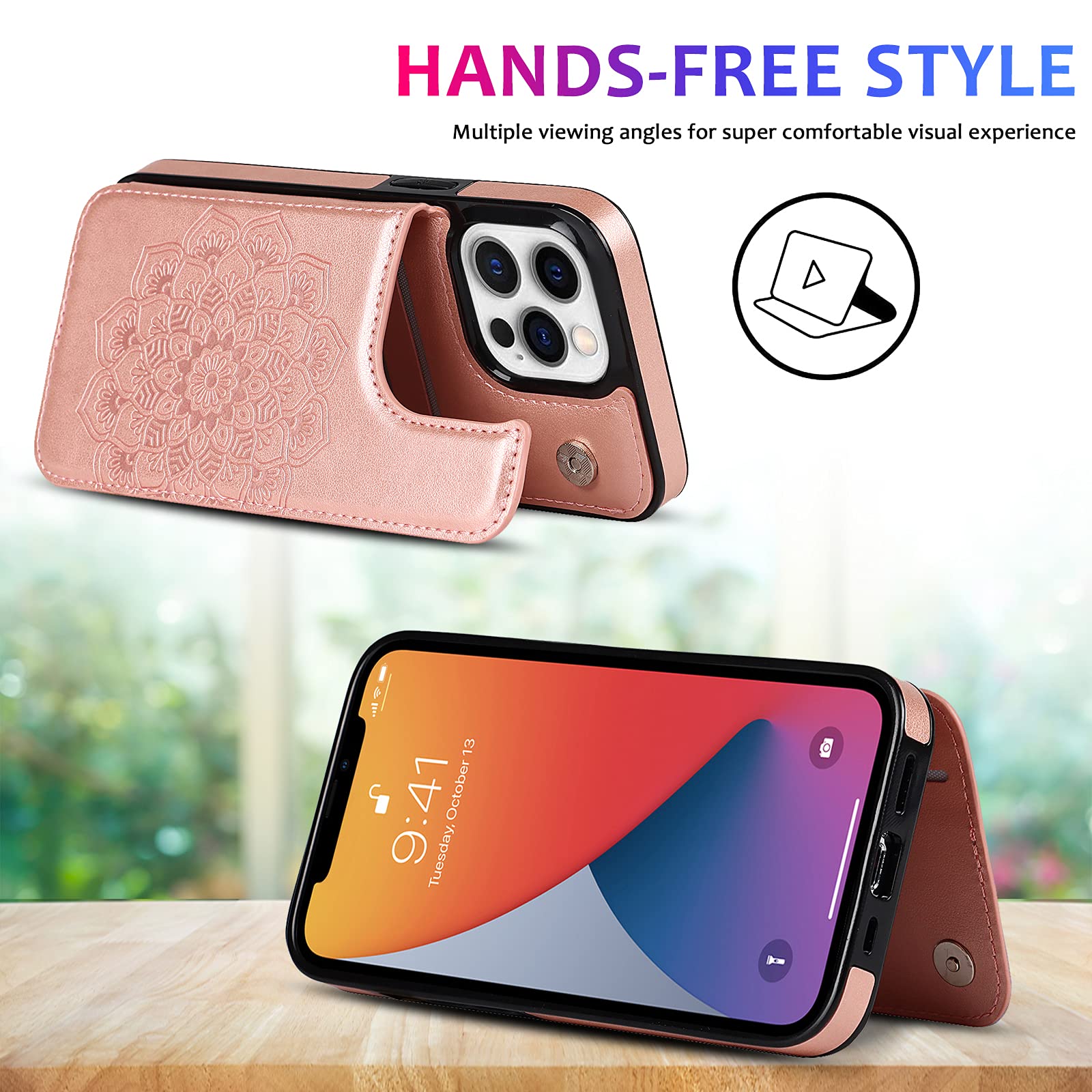 Asuwish iPhone 13 Pro Max Case with Tempered Glass Screen Protector, Card Holder & Kickstand - Rose Gold (2021 6.7 inch) | Compatible with iPhone 13 Pro Max/13 Max Plus | Perfect for Daily Use, Travel & Hands-Free Viewing