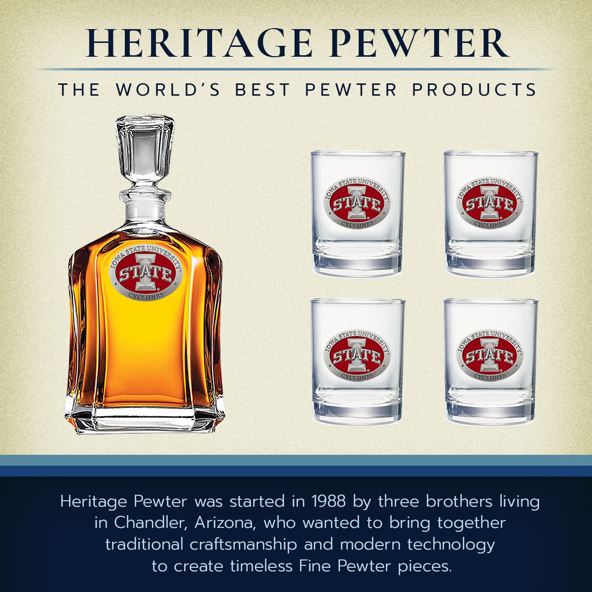 Iowa State Capitol Decanter and Chest Set | 24 oz Liquor Pourer with 4 Double Old-Fashioned Glasses | Handcrafted Pewter Barware | Perfect for Home Bars, Gifts & Whiskey Enthusiasts
