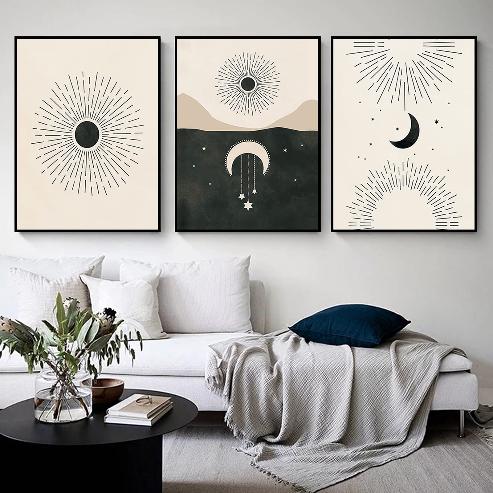 Abstract Line Wall Art Print Set of 3 - Boho Sun Moon Stars Minimalist Poster 12x16 Inch Unframed - Modern Living Room Decor, Bedroom Wall Art, Office Aesthetic