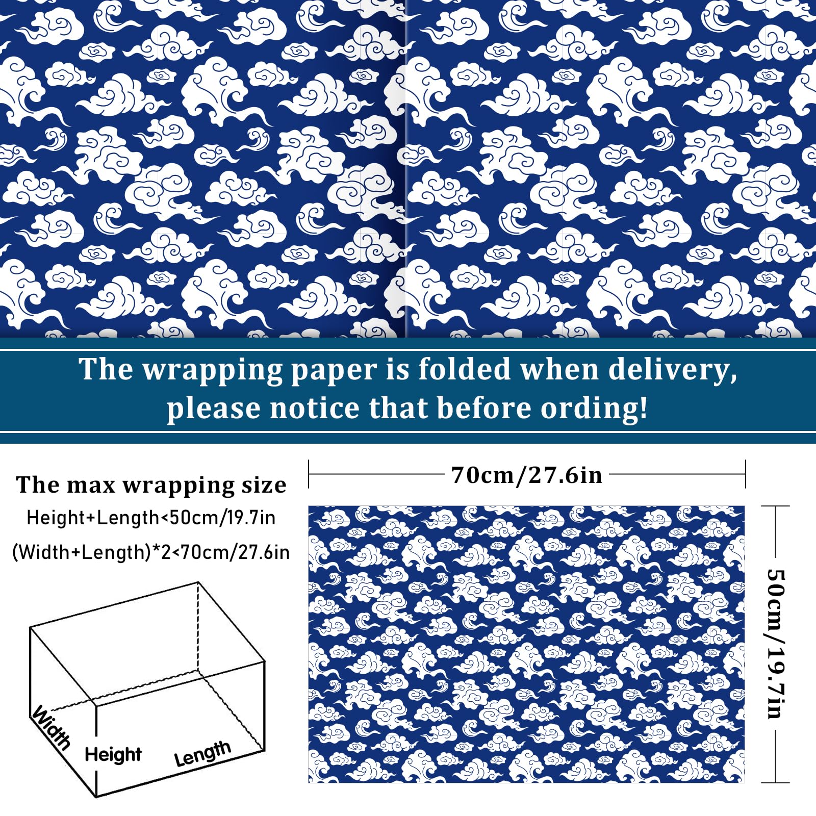 Premium Whaline 12-Sheet Blue Chinoiserie Wrapping Paper Set - 19.7
