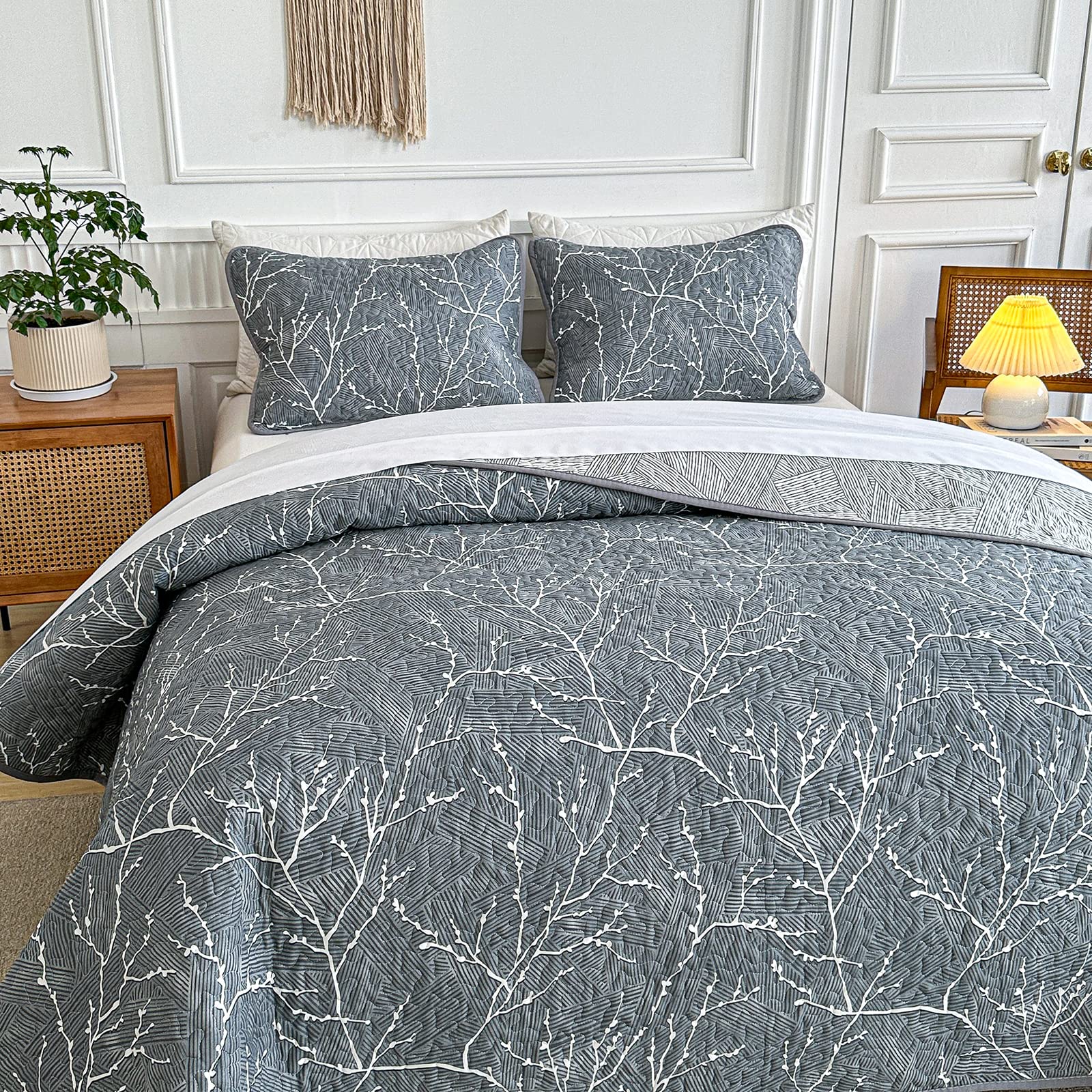 Soft Reversible 2-Piece Gray Cotton Quilt Set with White Branch Design - Twin Size Bedspread & 2 Pillow Shams | Cozy Bedroom Decor for Guest Rooms, Dorms & Modern Homes