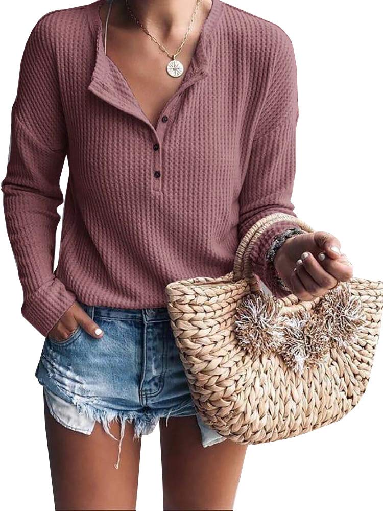 Women's V-Neck Henley Long Sleeve Shirt - Soft Waffle Knit Button Down Top for Casual Wear & Layering | Perfect for Fall, Winter & Outdoor Activities
