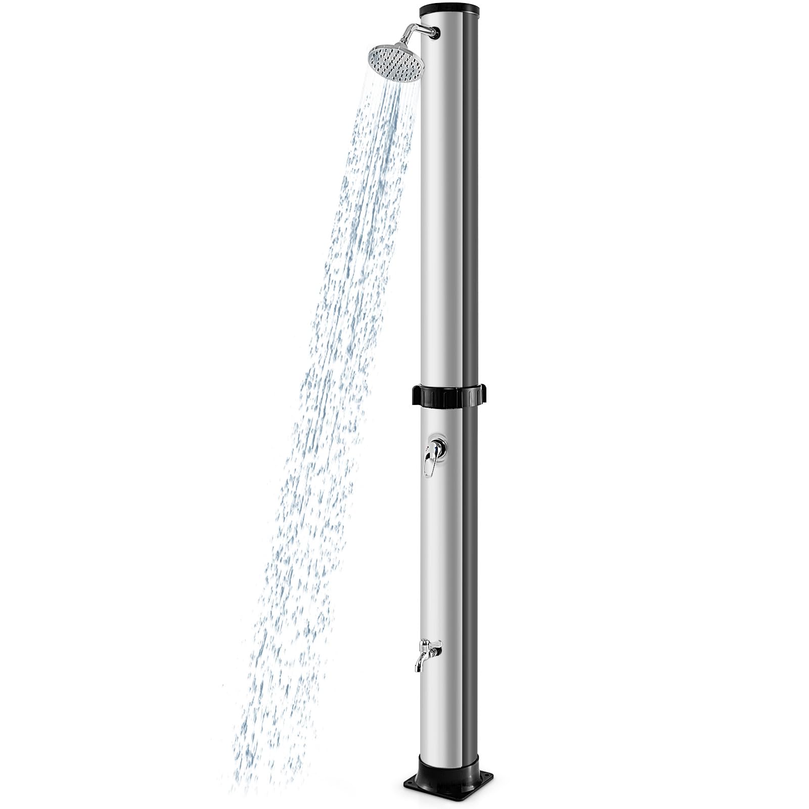 Goplus 10 Gallon Solar Heated Outdoor Shower - 7.2 FT Freestanding Garden & Pool Shower with Rotating Head, Temperature Control & Foot Wash - Perfect for Backyard, Beach, Camping & RV Use (Silver)