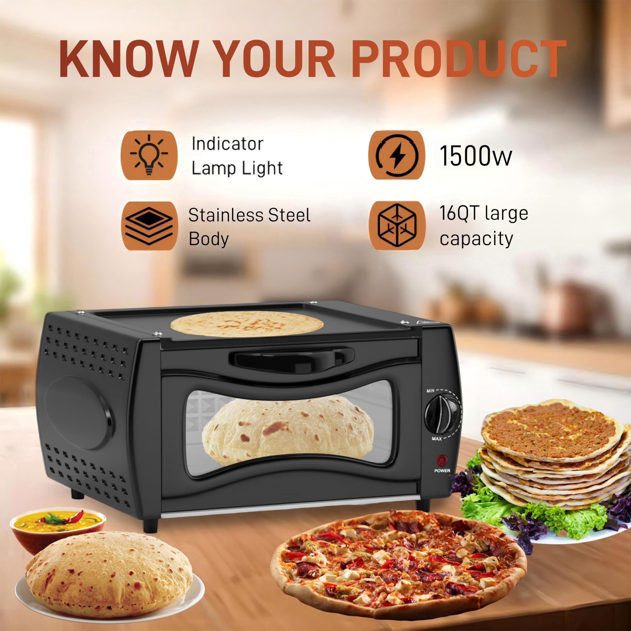 Electric Tandoor Oven for Naan, Roti & Pizza - 16QT Countertop Pizza Maker | 4-Min Fast Cooking | 122°F-752°F Adjustable Temp | Multi-Function Griddle Toaster Oven with Pizza Peel | Perfect for Home Kitchens, Indian Restaurants & Pizza Parties