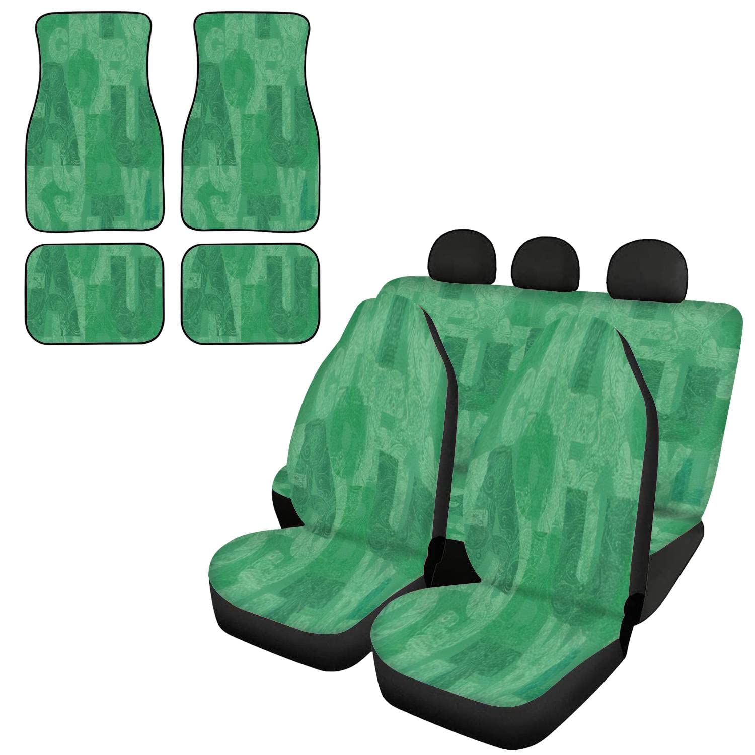 Modern Car Seat Covers Full Set with 4-Piece Floor Mats & Headrest Protectors - Universal Fit for Most Vehicles - Decorative Letters Design for Stylish Auto Interior Upgrade - Perfect for Daily Commute, Road Trips & Car Decor