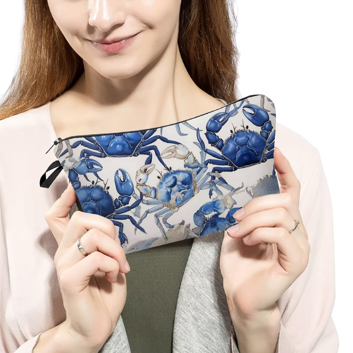Blue Crab Makeup Bag - Small Waterproof Toiletry Organizer with Zipper Pouch | Watercolor Blue Crab Printed Cosmetic Bag | Perfect Gift for Crab Lovers & Women Friends | Great for Travel, Beach Trips & Daily Makeup Storage