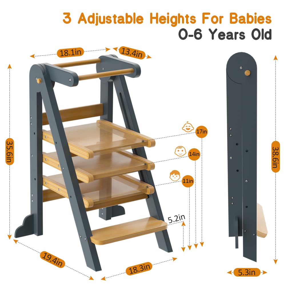 Foldable Toddler Learning Tower - Adjustable Height Step Stool with Safety Rails & Anti-Tip Design for Kitchen Helper | Perfect for Baking, Cooking & Playtime Activities for Toddlers & Kids
