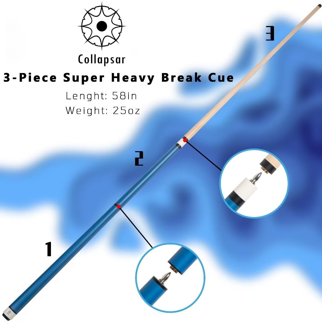Collapsar Heavy Hitter Jump Break Cue - 25oz 3-Piece Pool Cue with 14mm Phenolic Tip - Professional Billiard Stick for Power Breaks & Jump Shots in Tournaments