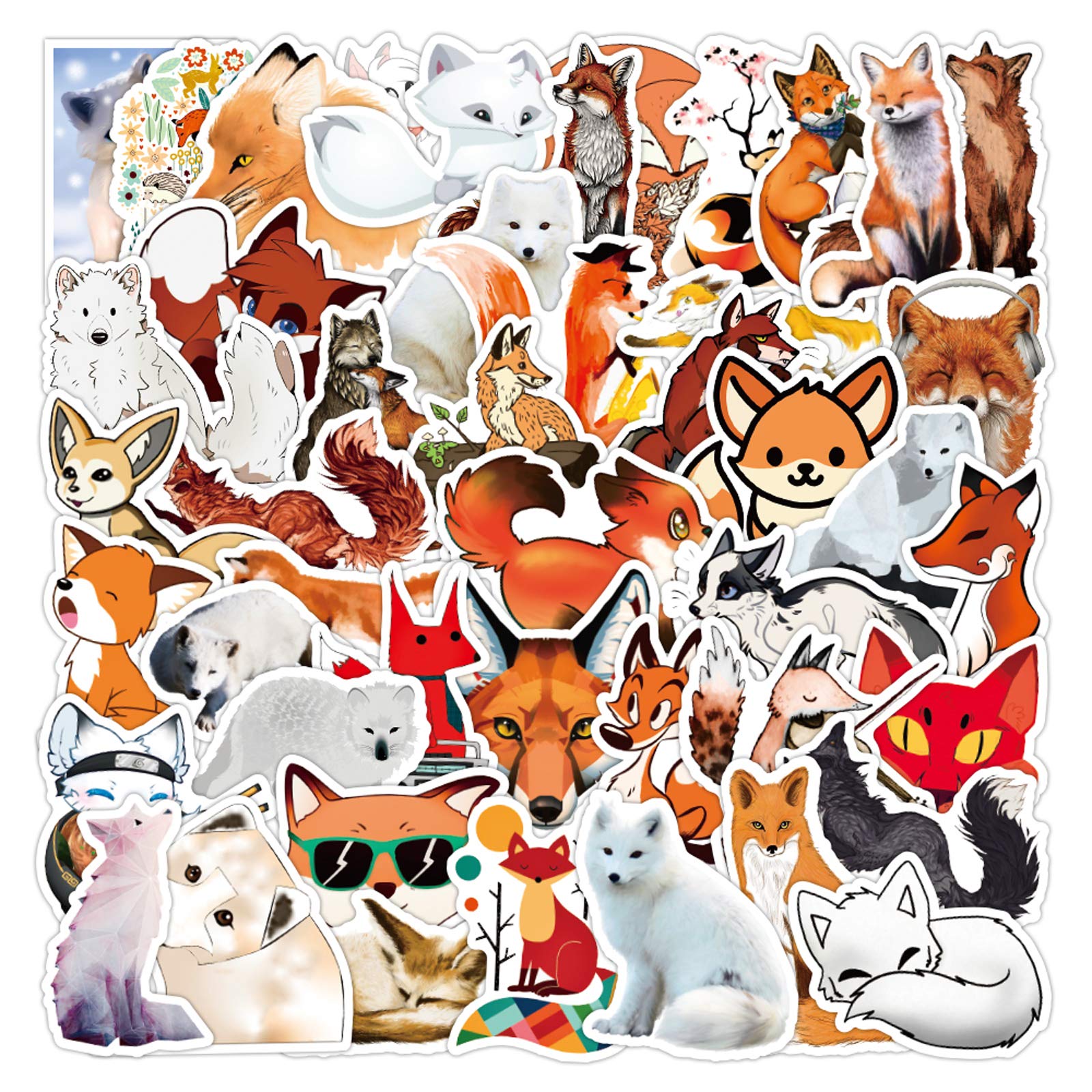 50 PCS Waterproof Vinyl Fox Stickers for Laptop, Skateboard, Water Bottle, Phone, Guitar - Cute Animal Decals for Kids & Adults | Perfect for DIY Crafts, School Projects, and Personalizing Accessories