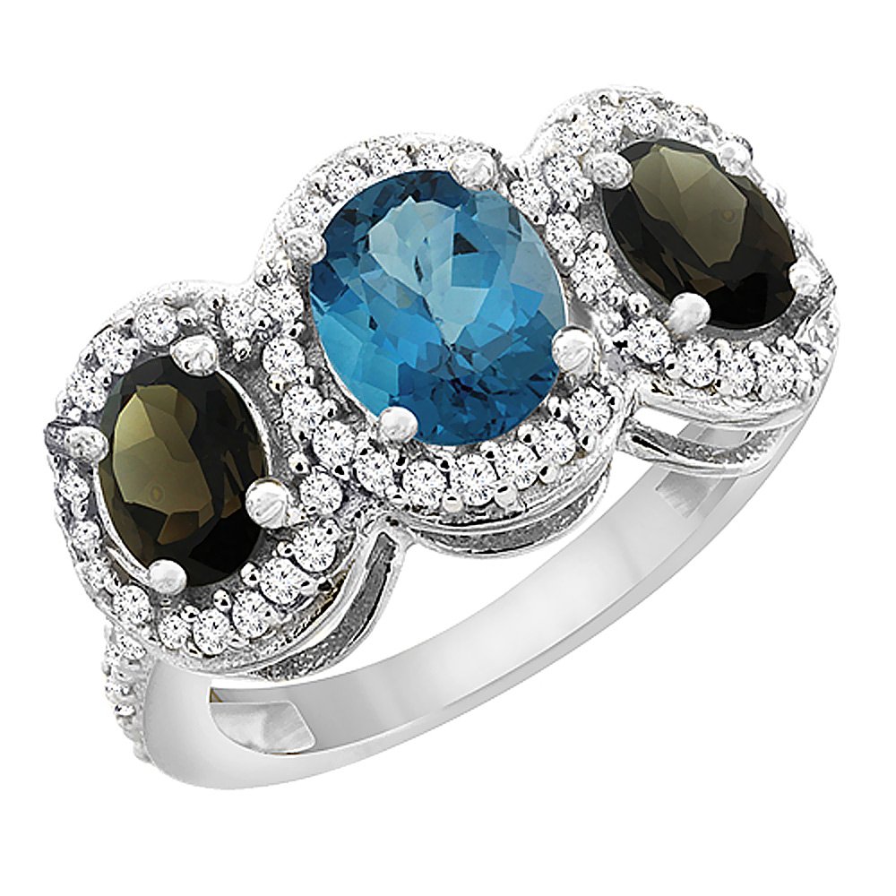 10K White Gold Natural London Blue Topaz & Smoky Topaz 3-Stone Ring with Oval Diamond Accent - Size 5-10 | Elegant Birthstone Jewelry for Women, Perfect Gift for Anniversary, Engagement & Special Occasions