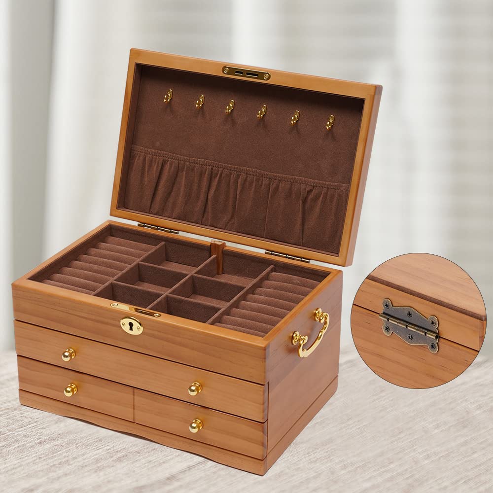 3-Layer Wooden Jewelry Box with Lock & Removable Drawers - Large Jewelry Organizer for Women & Girls - Display Case for Earrings, Rings, Necklaces & Bracelets - Natural Log Color with Hooks - Perfect for Bedroom Vanity, Travel & Gift Giving