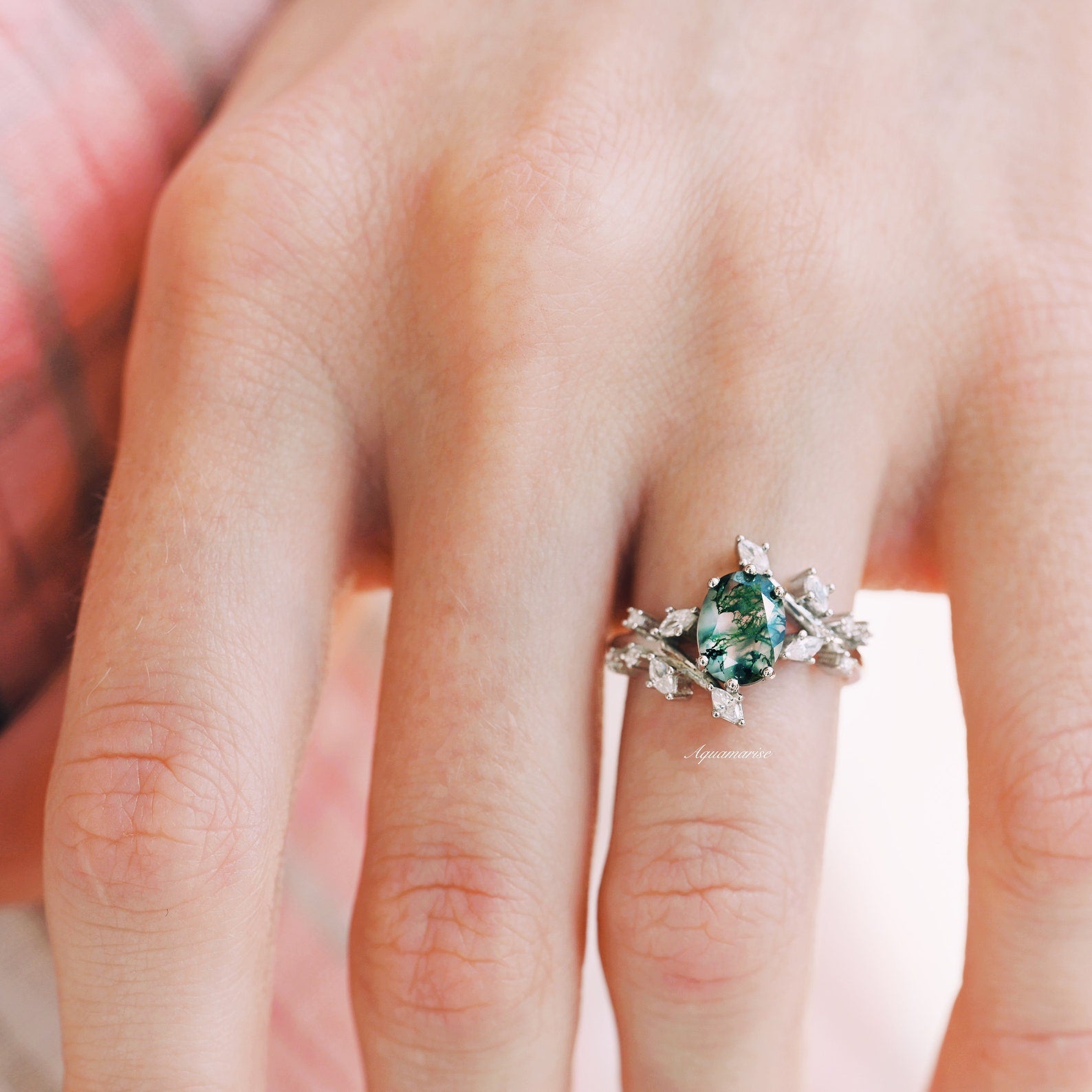 14K White Gold Green Moss Agate Leaf Ring for Women - Nature Inspired Jewelry for Everyday Wear, Gift for Her, Wedding, Anniversary & Special Occasions