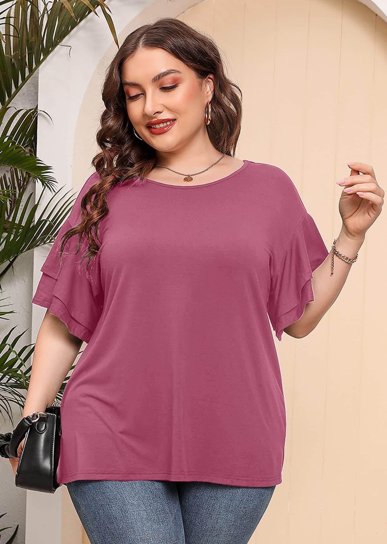 Plus Size Tunic for Women - Double Ruffle Short Sleeve Loose Fit Flowy Shirt | Summer Casual Top for Work, Beach & Everyday Wear | AusLook Women's Fashion