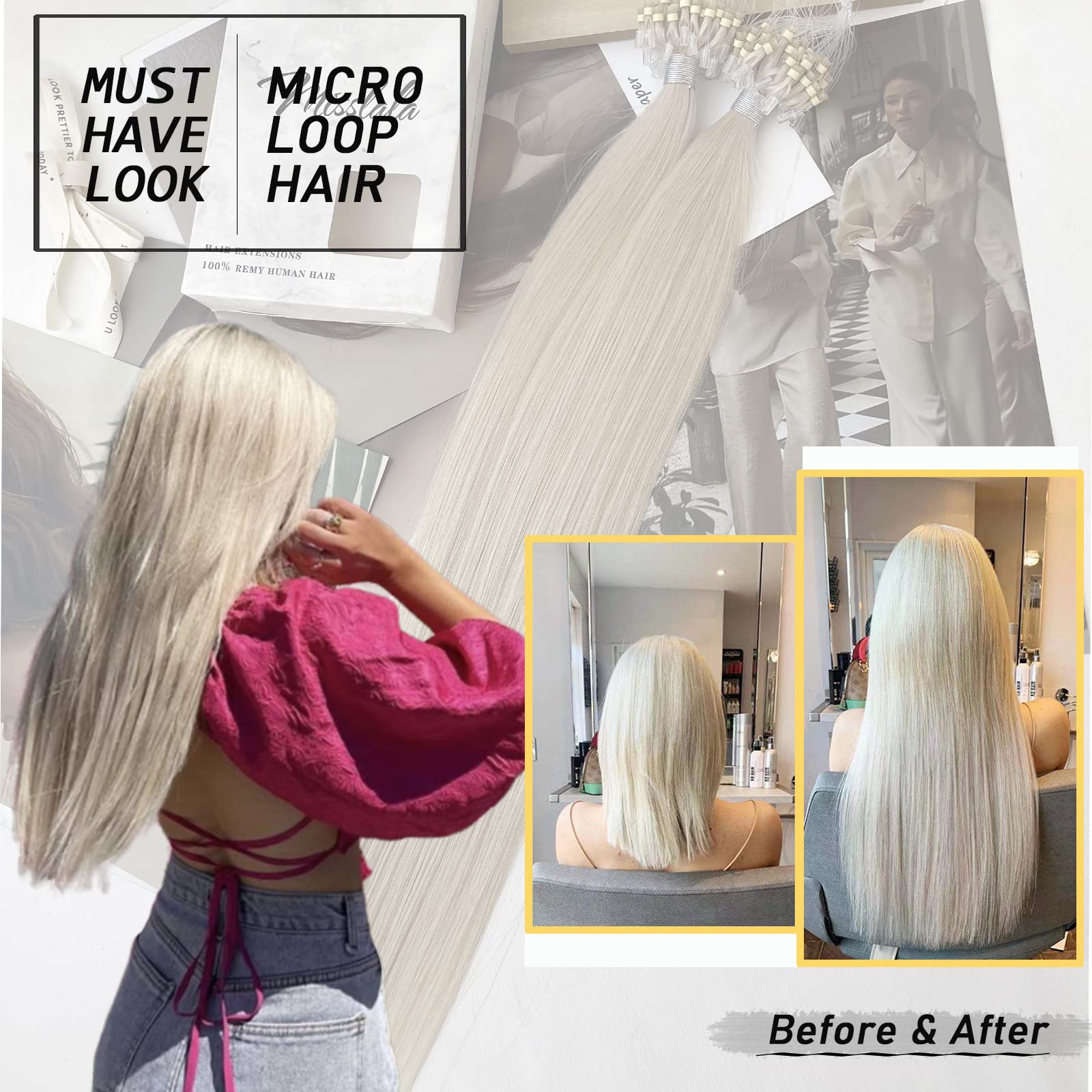 22 Inch Micro Loop Human Hair Extensions - Remy Hair Microlink Extensions #60A White Blonde - 50 Strands 50g Straight Hair for Salon & Styling - Perfect for Weddings, Parties & Daily Volume Boost