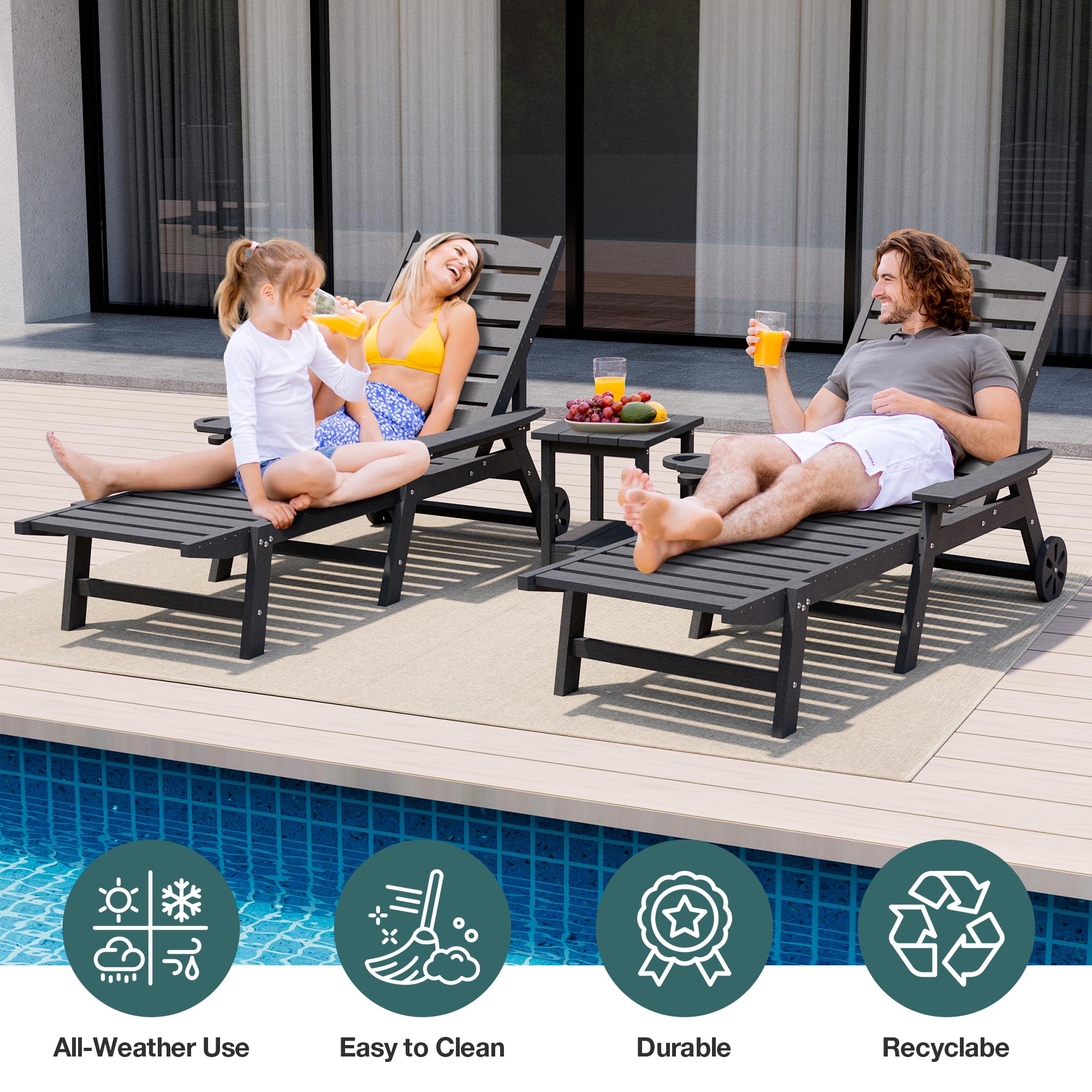 **Pamapic 500 LB Capacity 2-Piece Lounge Chair Set with Coffee Table - Wide Armrest Oversized Chaise Lounge with Wheels, 4-Position Adjustable, Cup Holder - Gray Outdoor Poolside Relaxation Chairs for Patio, Backyard & Beach**
