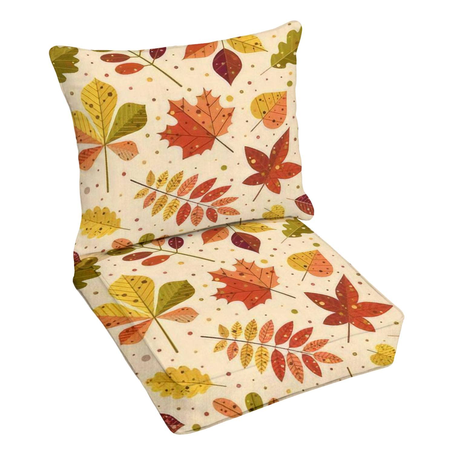 Premium Outdoor Deep Seating Cushion Set - Autumn Leaves Falling Leaf Design with Oak Maple Chestnut Linden Patterns - Replacement Cushions for Patio Lounge Chairs - Perfect for Backyard, Garden, and Poolside Relaxation