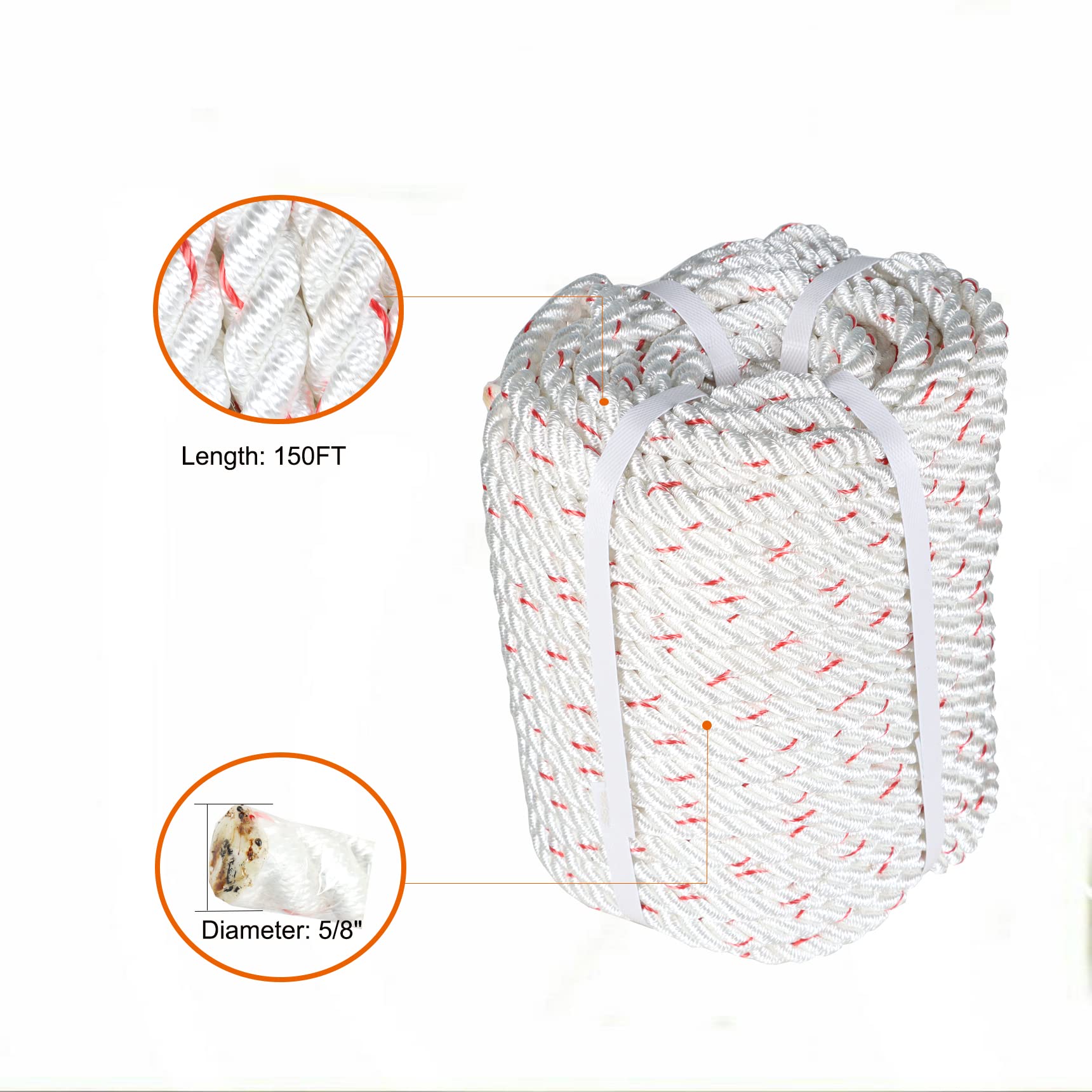 5/8 x 150 Feet Double Braid Polyester Rope - Heavy Duty Arborist Rigging Rope, Multipurpose Bull Rope for Tree Climbing, Boat Mooring, Farm Work & Towing - Durable Nylon Pulling Rope (White/Red) - Perfect for Outdoor Activities, Construction & Emergency Rescue
