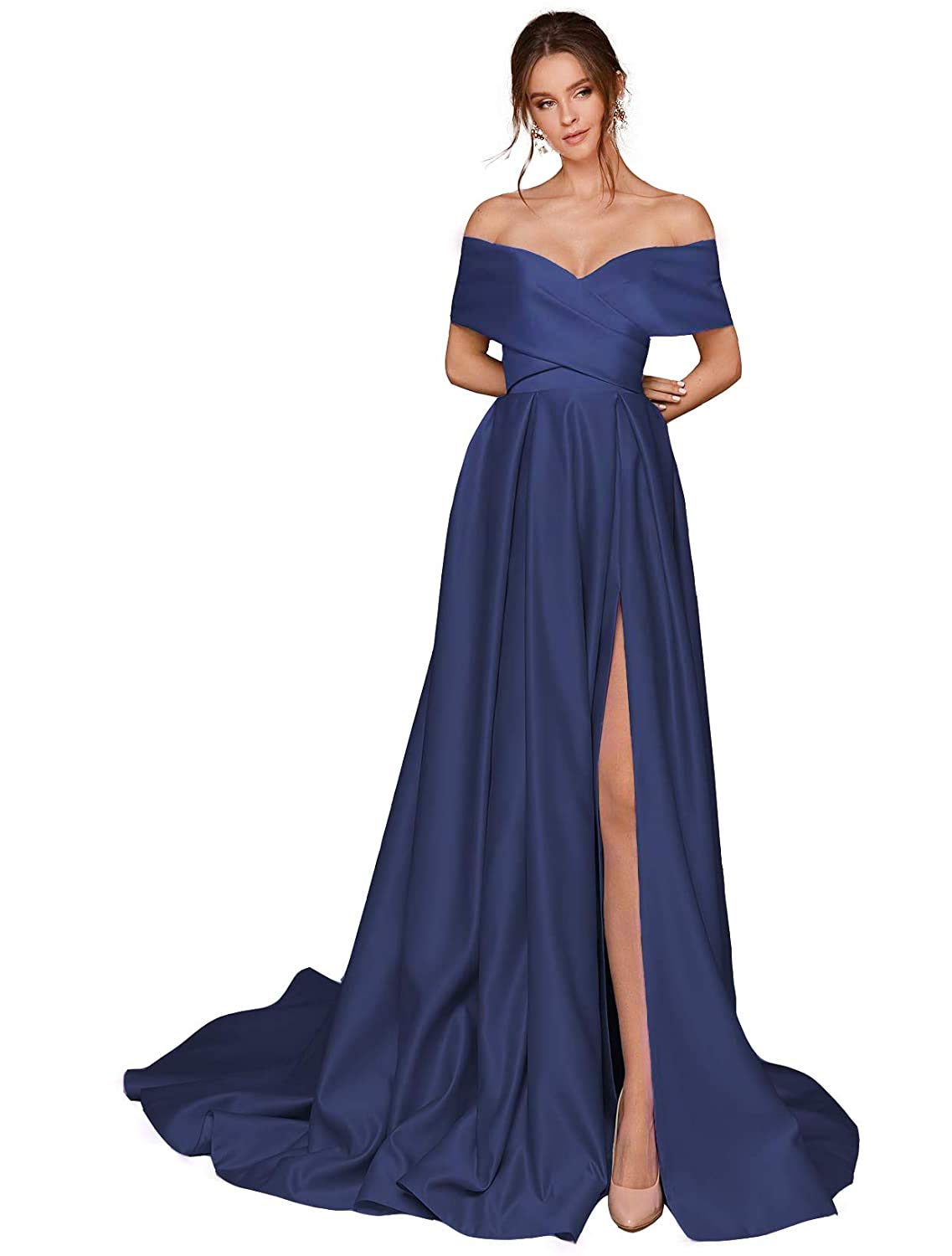 Clovile Women's Off The Shoulder Prom Dress - Elegant Satin Long Evening Gown with Thigh High Slit & Pockets - Perfect for Homecoming, Formal Events & Special Occasions