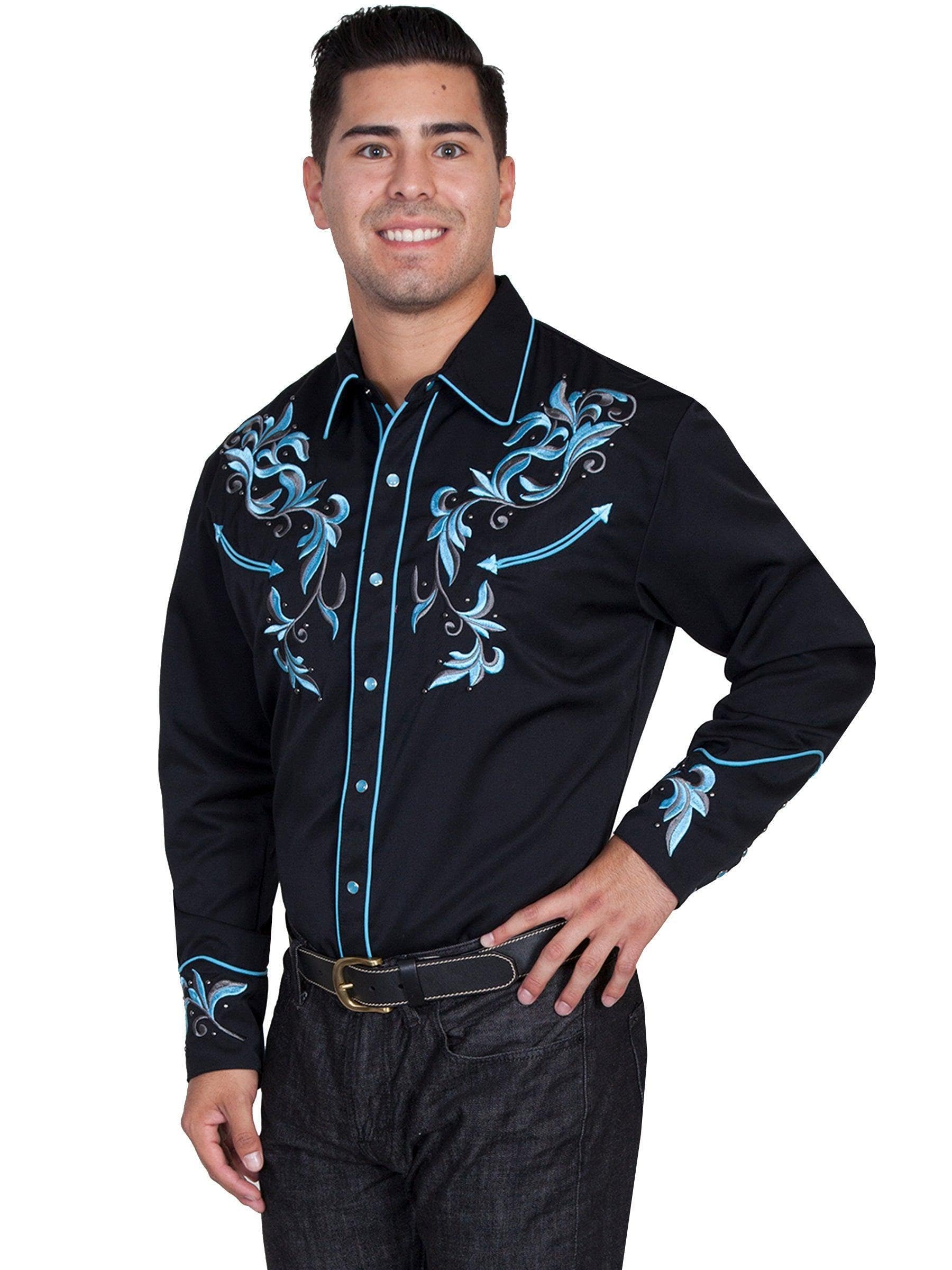 Stylish Scully Black Embroidered Men's Long Sleeve Snap Front Western Shirt P-844 | Perfect for Cowboy Rodeo, Country Music Festivals & Casual Wear