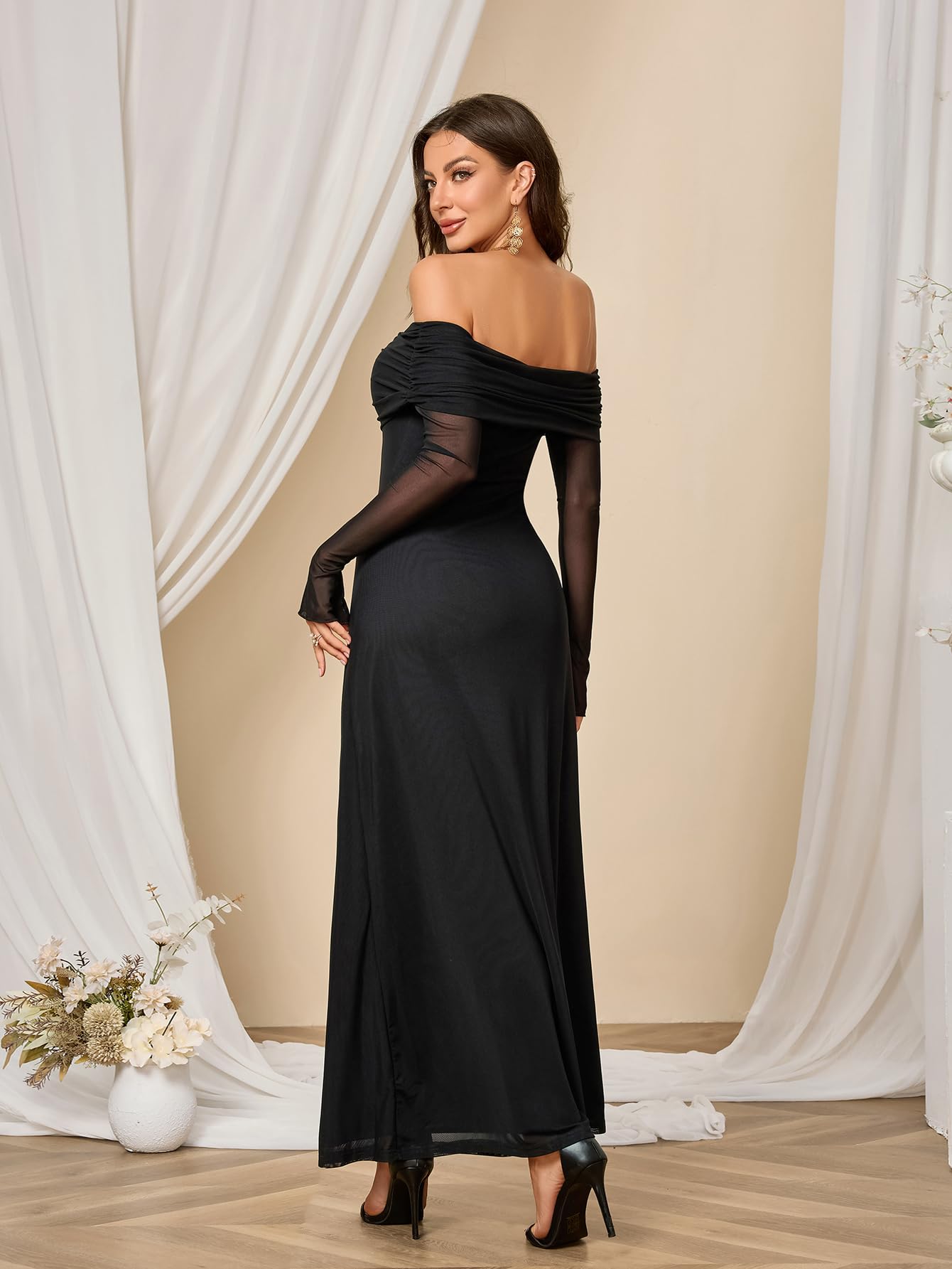 Colysmo Women's Elegant Long Sleeve Mesh Off-Shoulder Bodycon Maxi Dress for Wedding Guest, Formal Party, Evening Gala & Special Occasions - Sexy Stretchy Cocktail Dress for Night Out, Date Night & Holiday Events