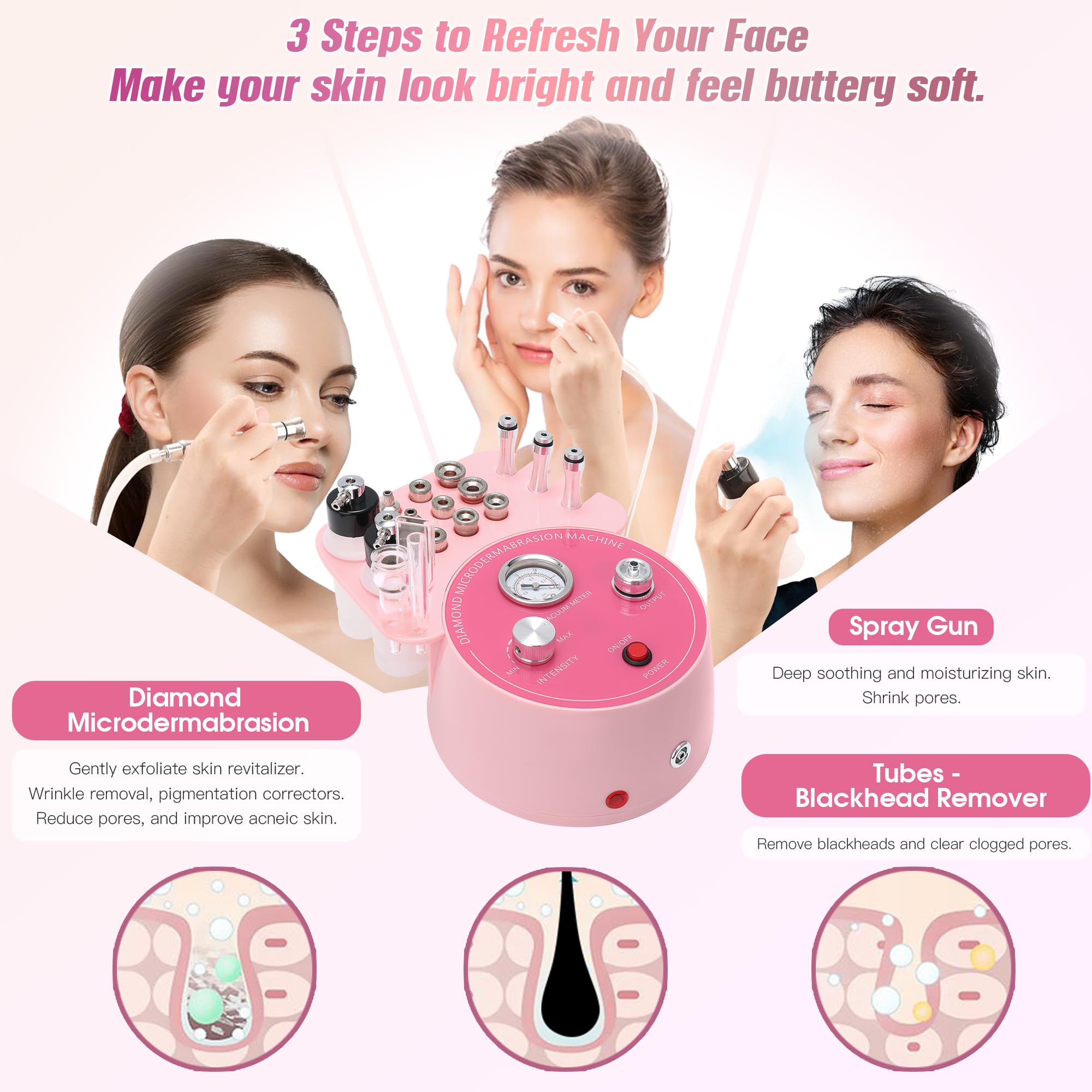 Topdirect 3-in-1 Diamond Facial Cleansing Device - Blackhead Remover Vacuum with Spray Function for Deep Pore Cleansing (0-65cmHg Suction Power) - Perfect for Home Spa & Skincare Routine