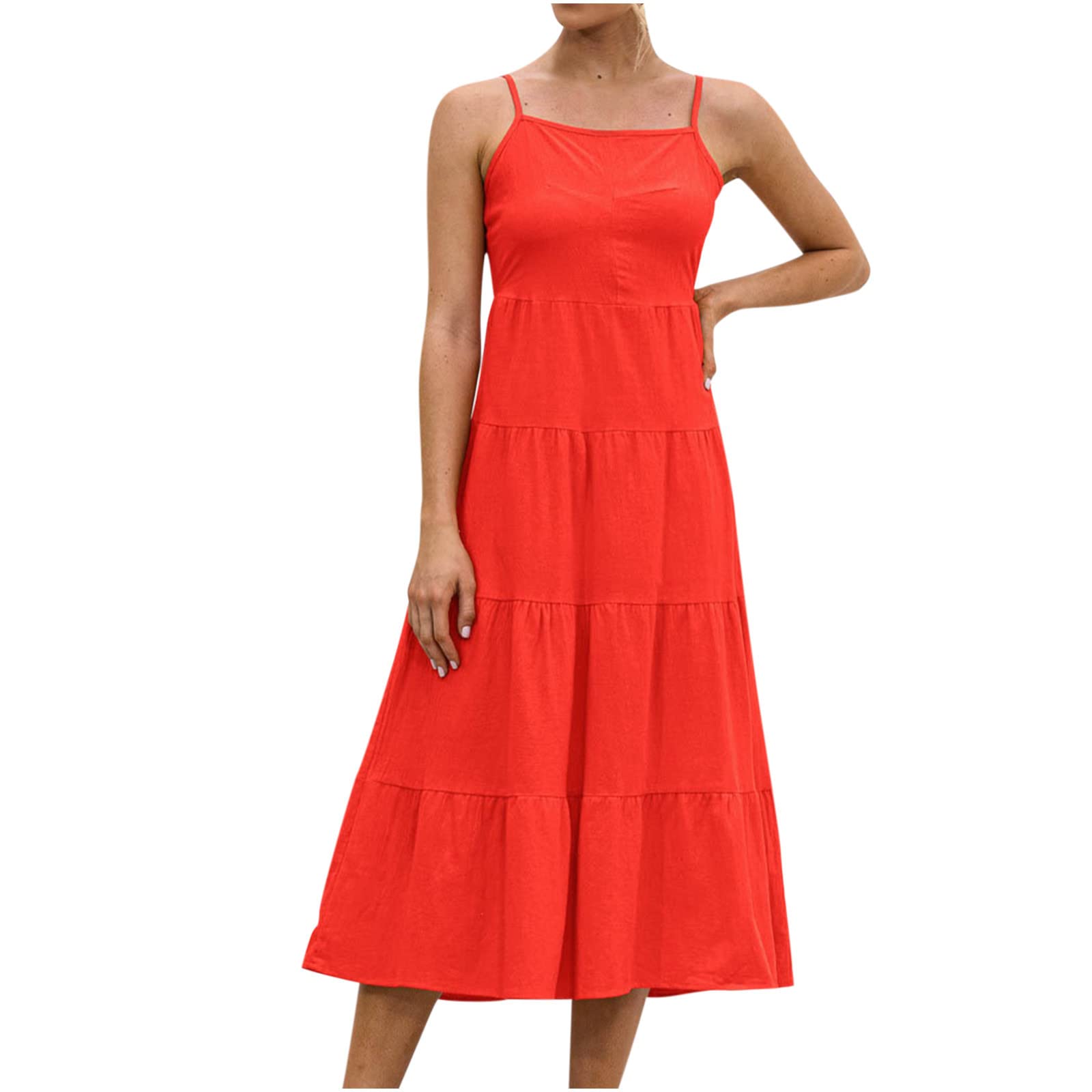 Women's Summer Sundresses 2024 - Casual Square Neck Sleeveless Open Back Lace Slim Fit Maxi Dress with Solid & Plaid Print | Beach Cover Up, Vacation Wear, Outdoor Party Dress, Loose Waist Long Flowy Dress for Hot Weather