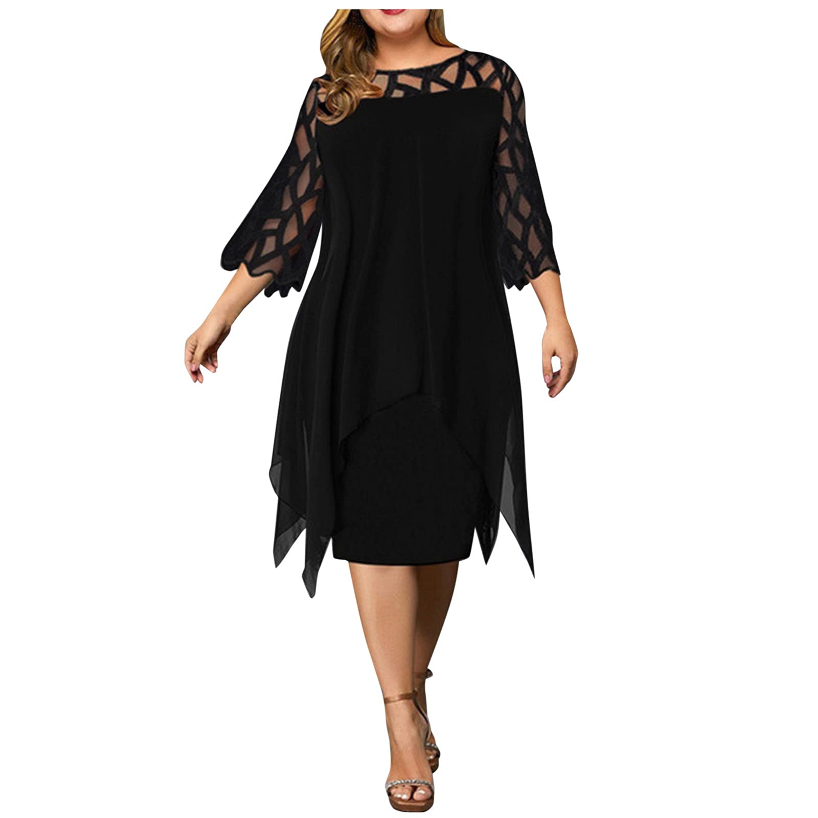 Misaky Women's Plus Size Lace & Chiffon High Waist Dress with Seven Sleeves - Elegant Flowy Midi Dress for Weddings, Parties & Special Occasions