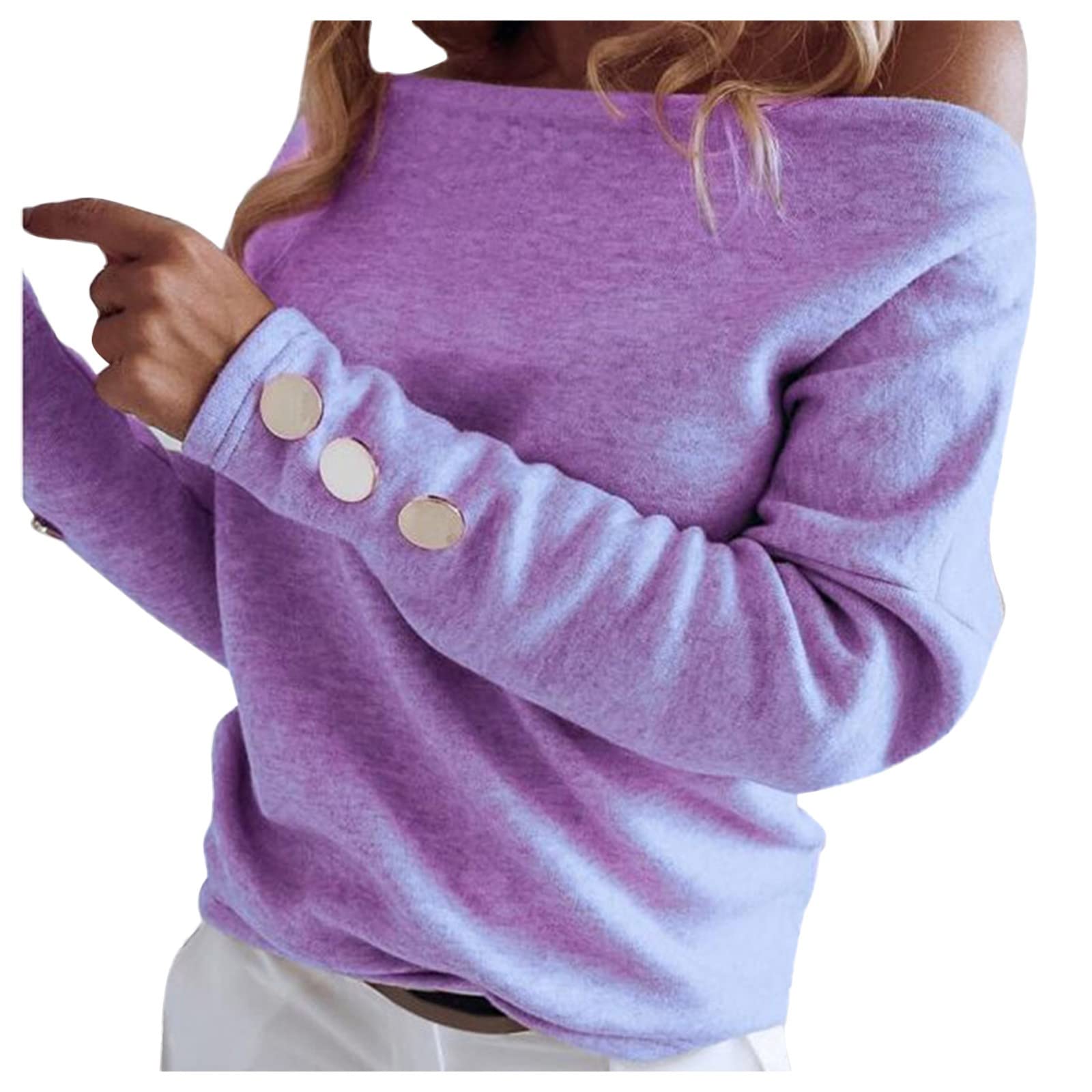 FMCHICO Women's Long Sleeve Sweatshirt - Boat Neck Off Shoulder Blouse Tops for Casual Wear, Fall Fashion & Layering Outfits