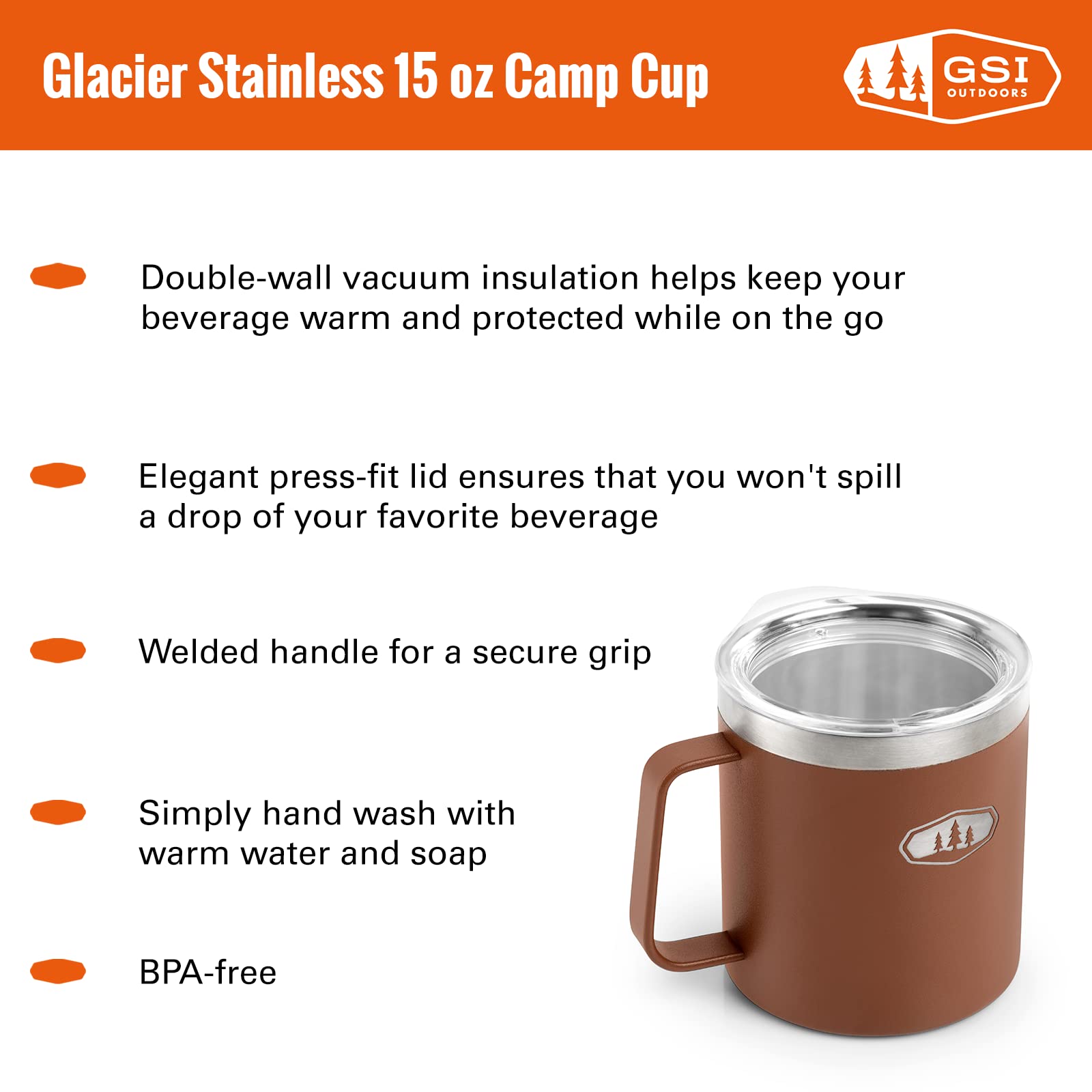 GSI Outdoors Glacier Stainless Steel Camping Cup - 15oz Lightweight Backpacking Mug with Clear Lid (Ginger Bread Color) - Perfect for Hiking, Travel & Outdoor Adventures