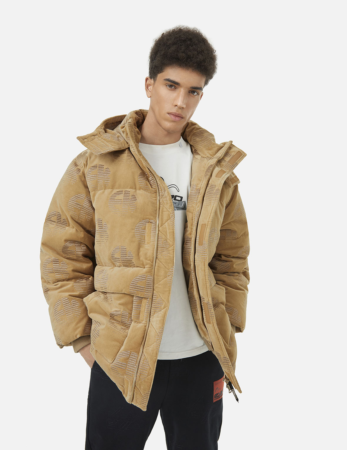 Allover EK Logo Velvet Relax Fit Down Jacket - Cozy Winter Puffer Coat for Women, Fashionable Outerwear for Cold Weather, Perfect for Casual Outings and Outdoor Activities