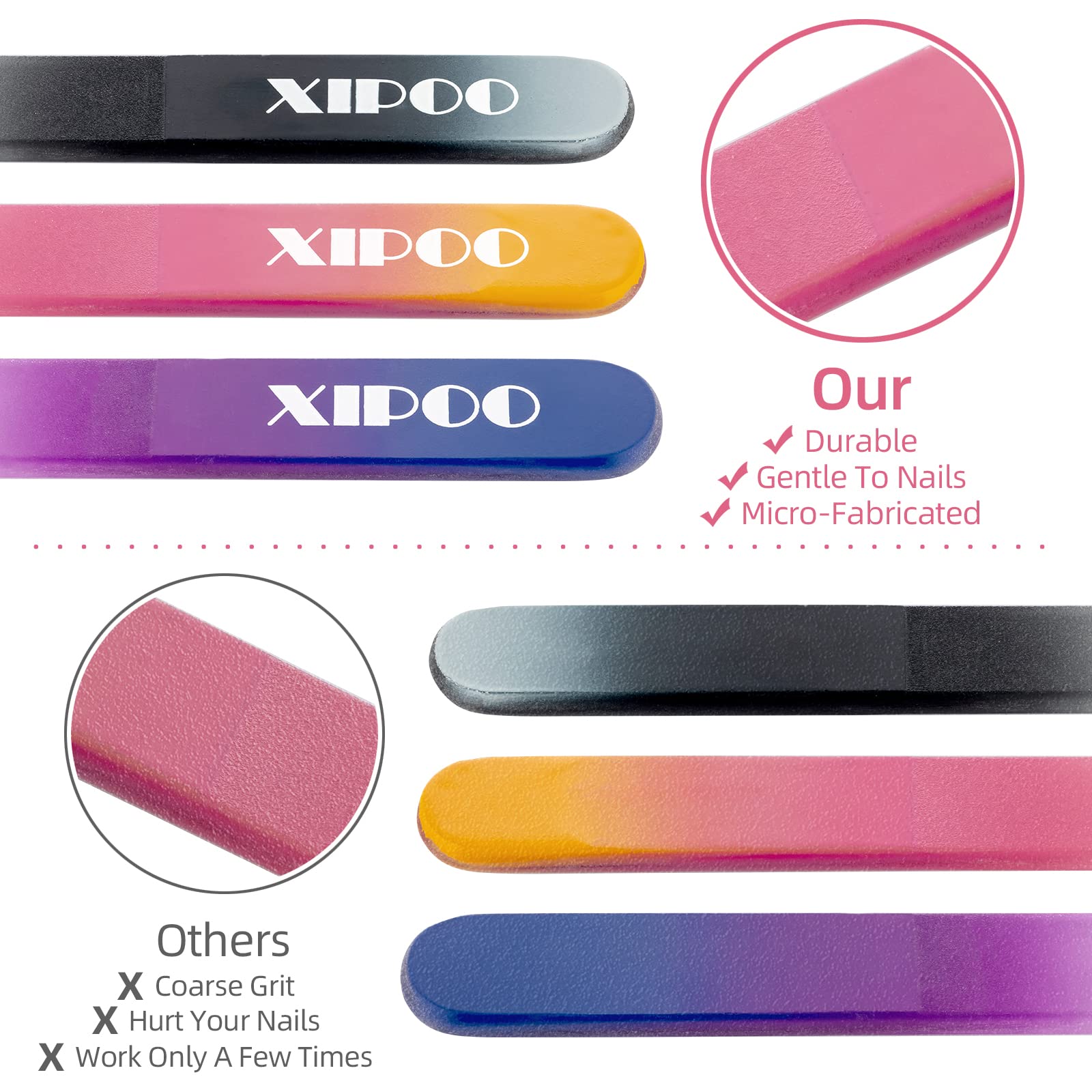Premium Glass Nail Files 3 Pack with Case - Crystal Nail File for Natural Nails - Professional Salon Manicure Tool - Perfect Gift for Women & Girls - Ideal for Home, Travel & Salon Use - By XIPOO