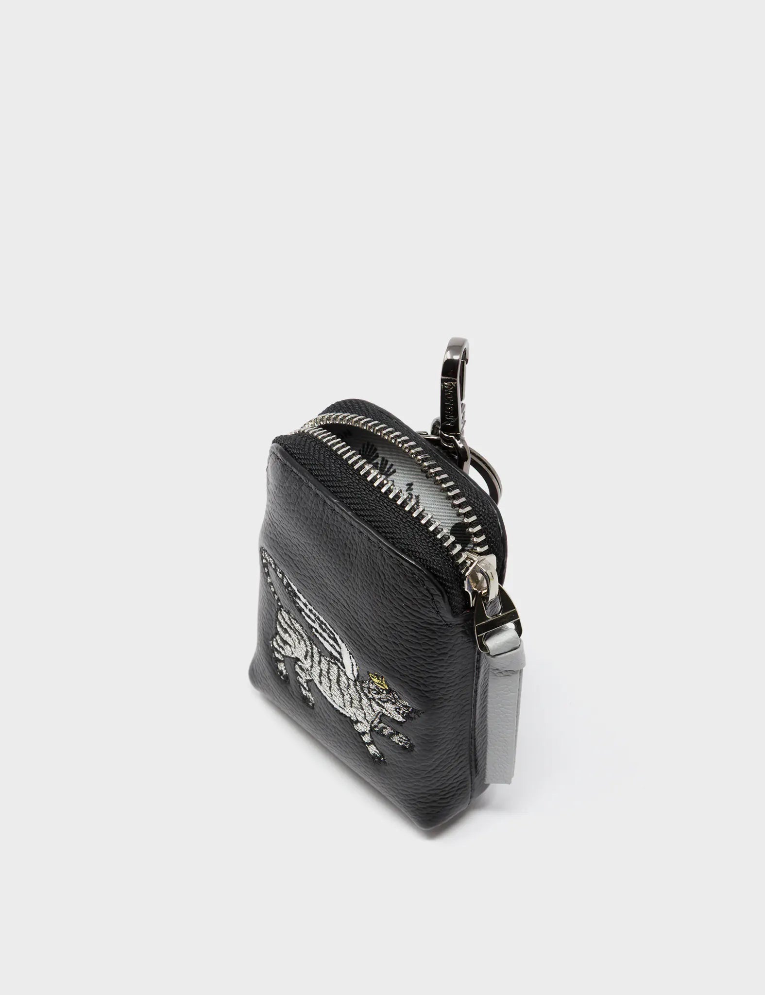 Florence Pouch Charm - Black Leather Keychain with Winged Tiger Embroidery | Stylish Bag Accessory for Women, Perfect for Keys, Wallets & Everyday Carry