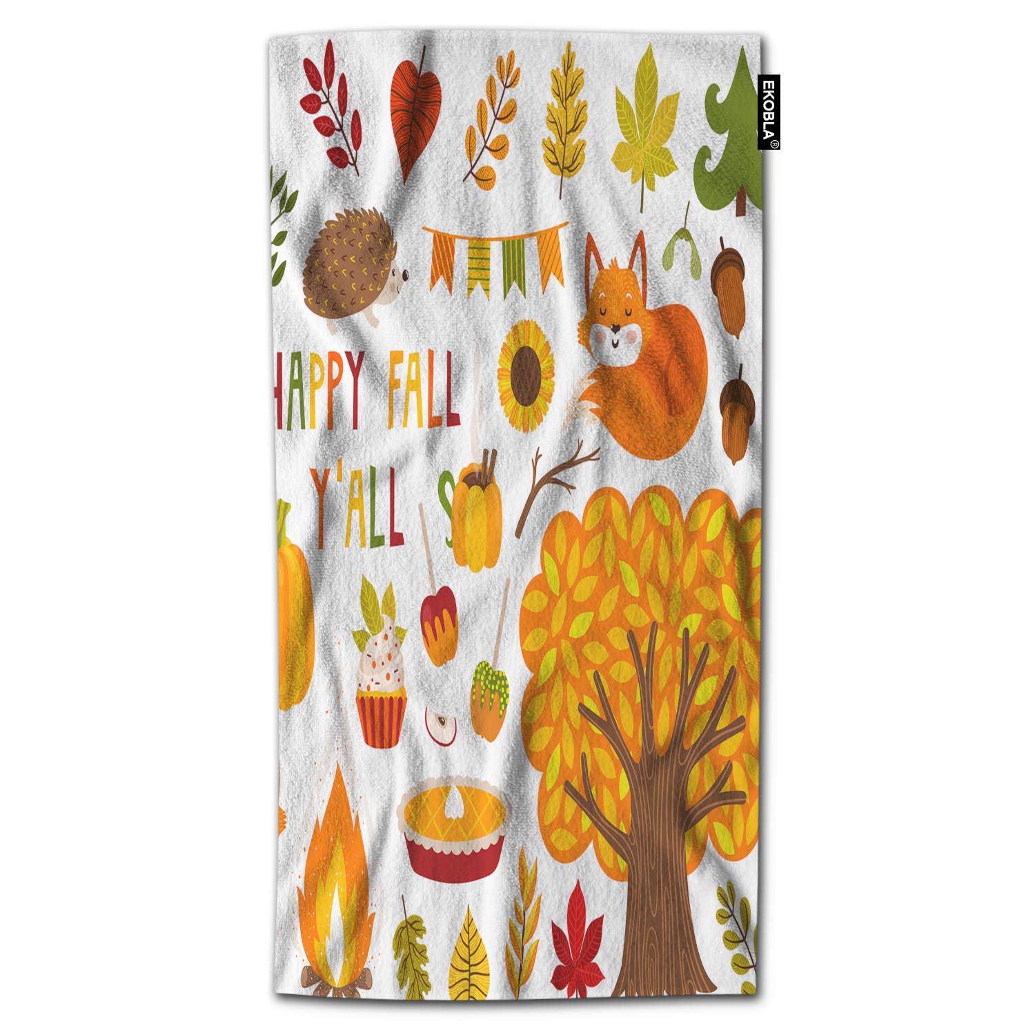 EKOBLA Thanksgiving Day Bath Towel - Soft Autumn Fall Pumpkin Harvest Theme with Fox & Hedgehog Design - Cozy Comfortable Polyester-Microfiber Bath Towel (64x32 Inches) for Family, Friends, Boys & Girls - Perfect for Holiday Gifts, Home Decor, and Cozy Bath Time
