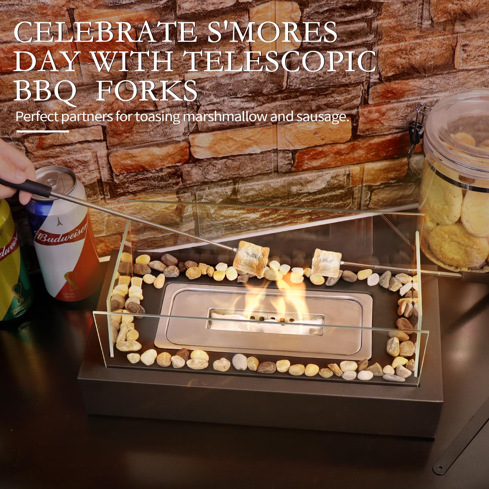 Portable Stainless Steel Tabletop Fire Pit - Safe Outdoor/Indoor Cobblestone Fireplace for Backyard, Patio & Camping - Perfect for Dinner Parties, S'mores Making & Ambiance (Black)