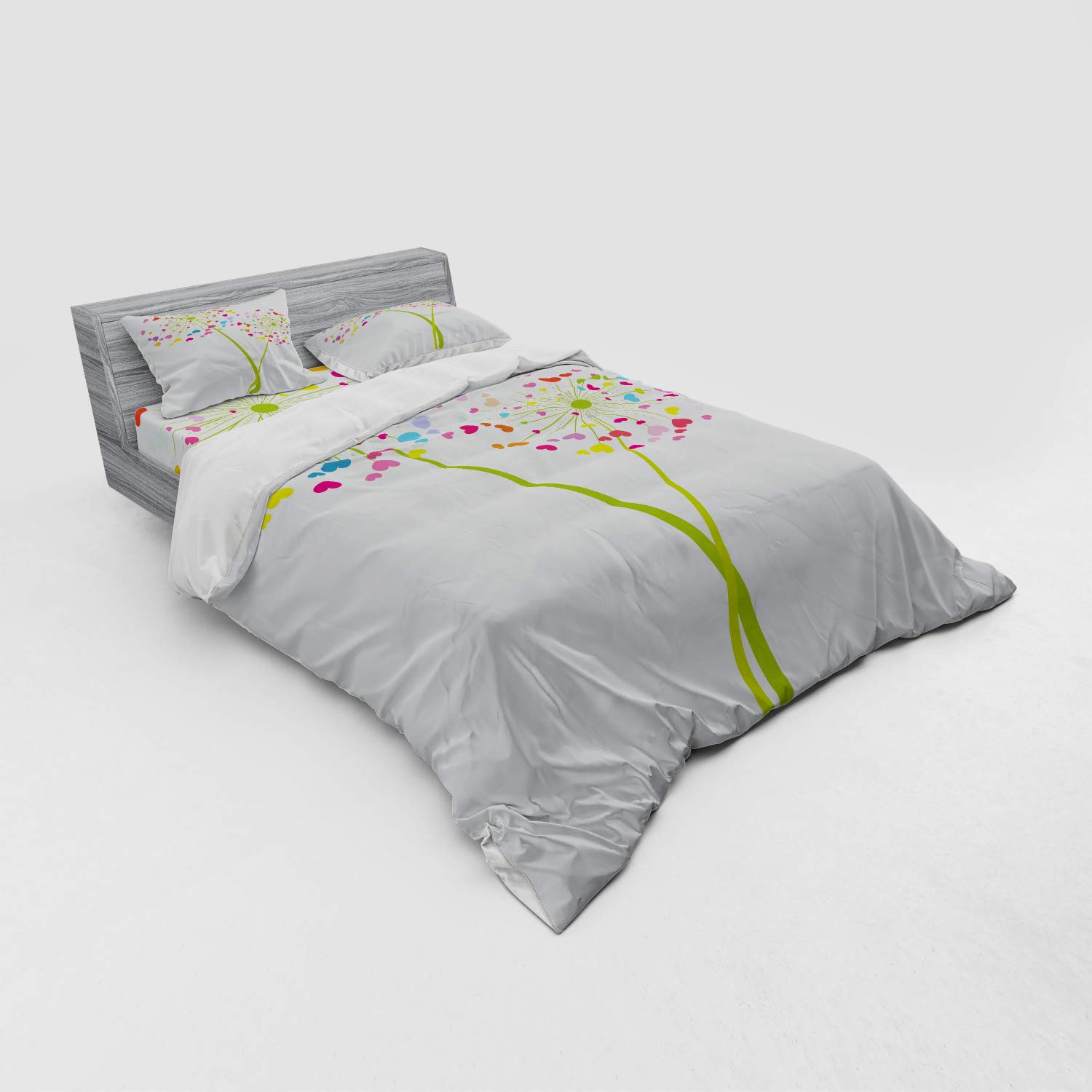 Ambesonne Floral Duvet Cover Set - Queen Size 4-Piece Bedding with Shams & Fitted Sheet | Romantic Spring Dandelion Heart-Shaped Petals Design | Perfect for Valentine's Day, Master Bedroom Decor & Boho Chic Home Styling