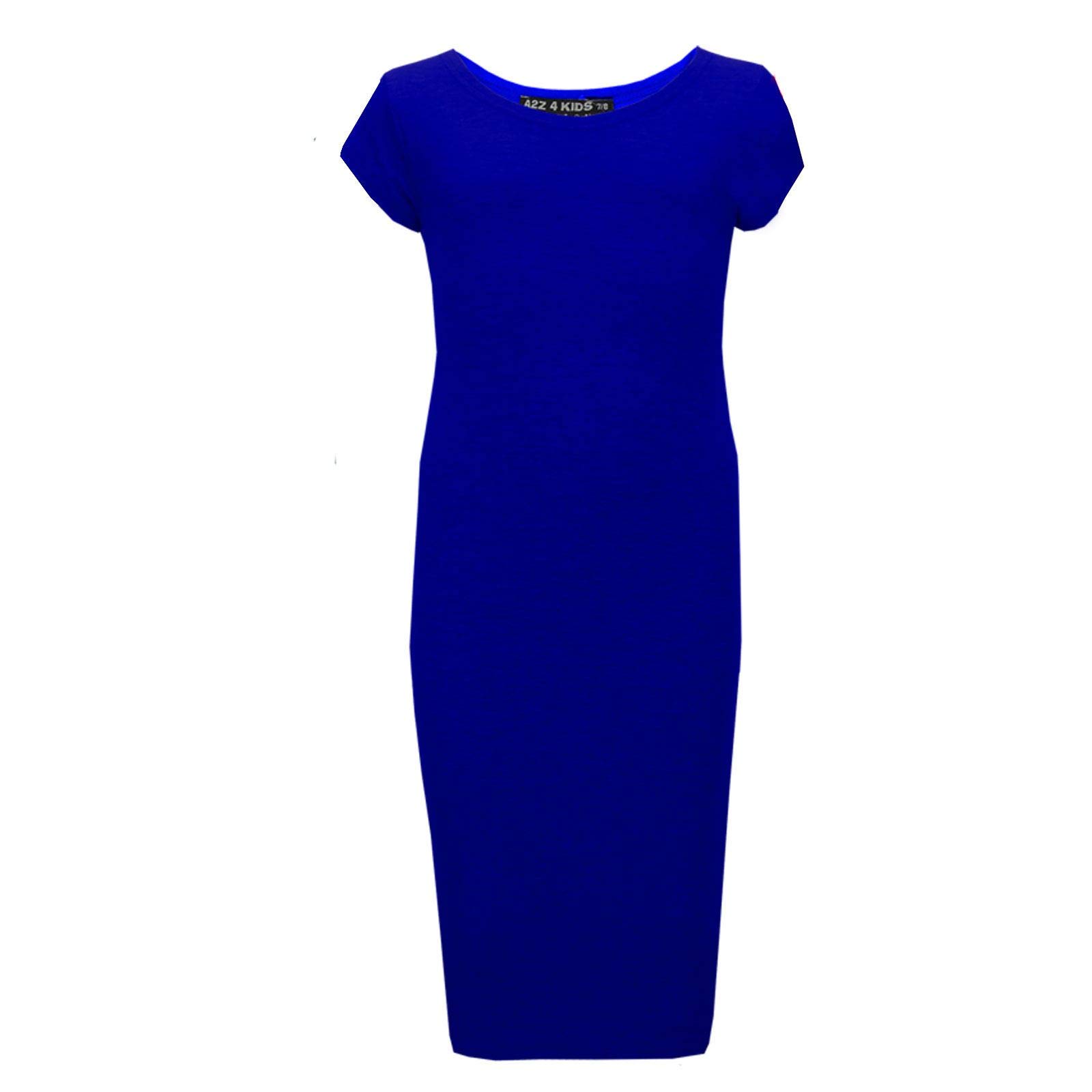 Girls Bodycon Plain Short Sleeve Midi Dress - Royal Blue Long Length Dress for Kids Age 9-10 | School Party, Birthday Celebration, Casual Outfit