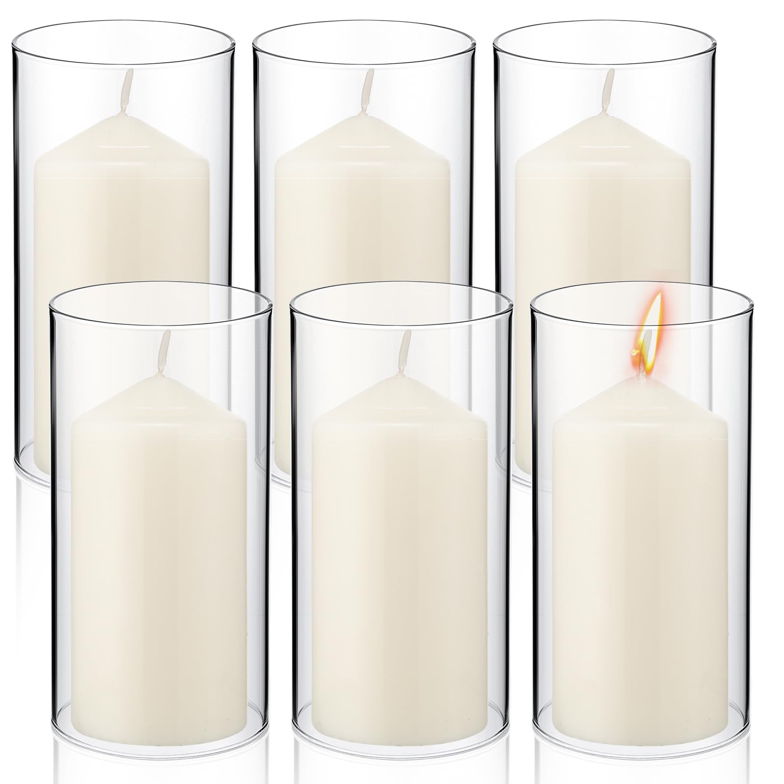 Yaomiao 6-Pack Clear Glass Hurricane Candle Holders with Unscented Pillar Candles - 2.5x6 Inch Open-Ended Cylinder Candle Sleeves for Wedding, Dining Table, Home Decor & Party Centerpieces