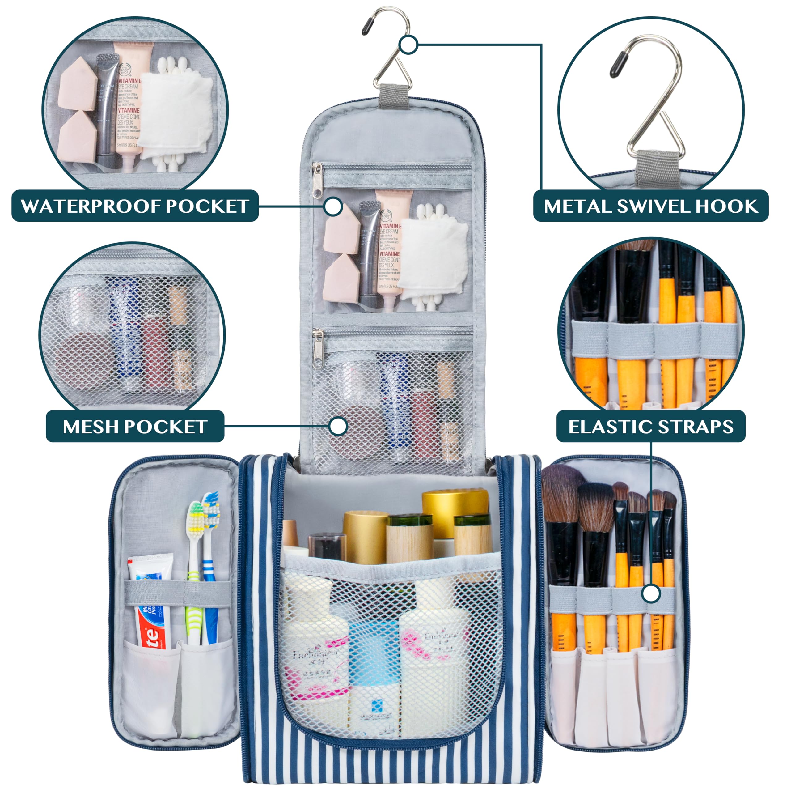 PAVILIA Hanging Toiletry Bag for Women & Men - Waterproof Travel Cosmetic Organizer with Large Capacity - Perfect for Makeup, Toiletries & Travel Essentials (Stripe Navy) - Ideal for Airplane, Camping & Gym Use