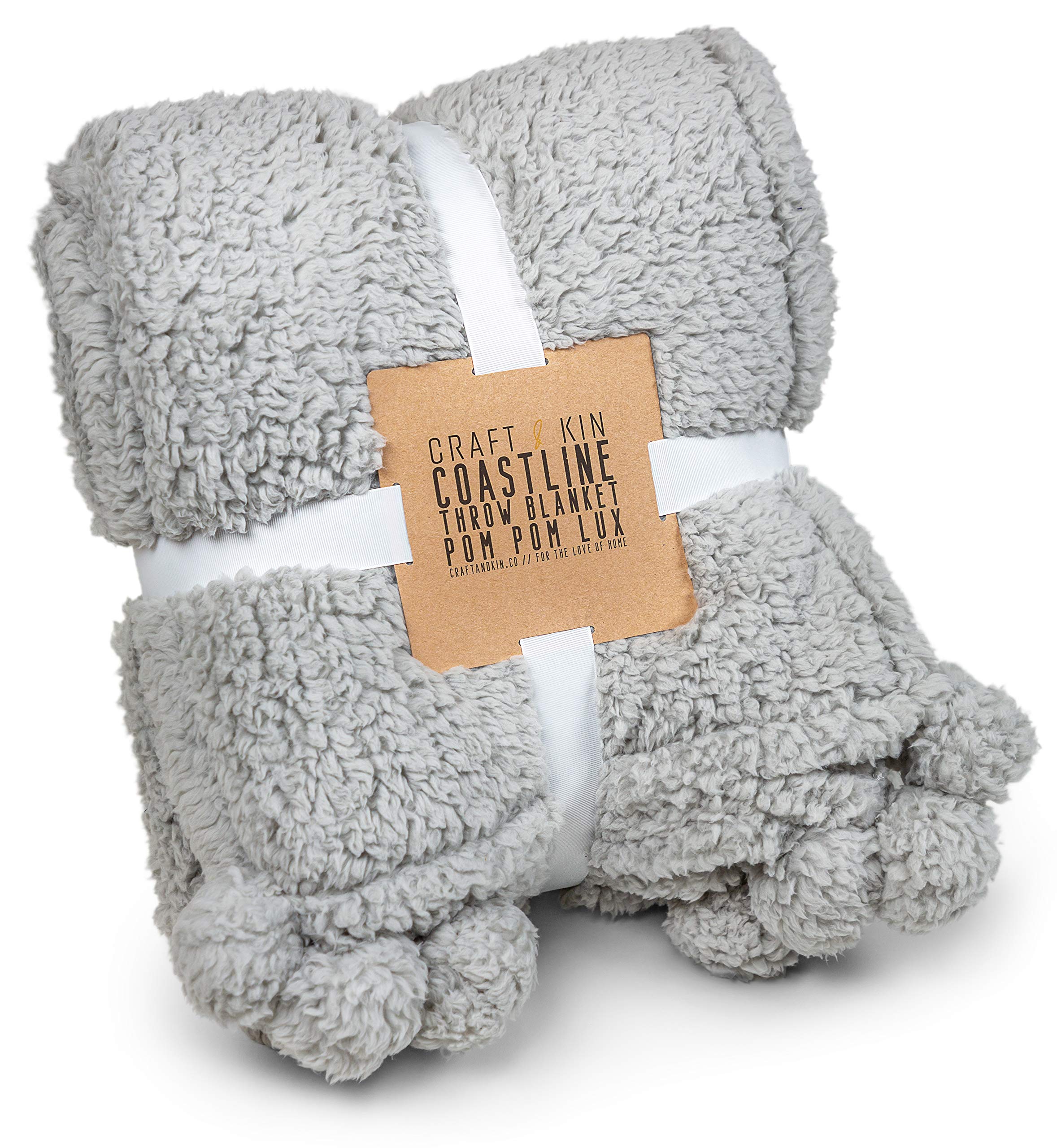 Luxury Pom Pom Throw Blanket - Ultra Soft Plush Fleece Blanket for Couch, Bed & Sofa | Grey Cozy Blanket 60