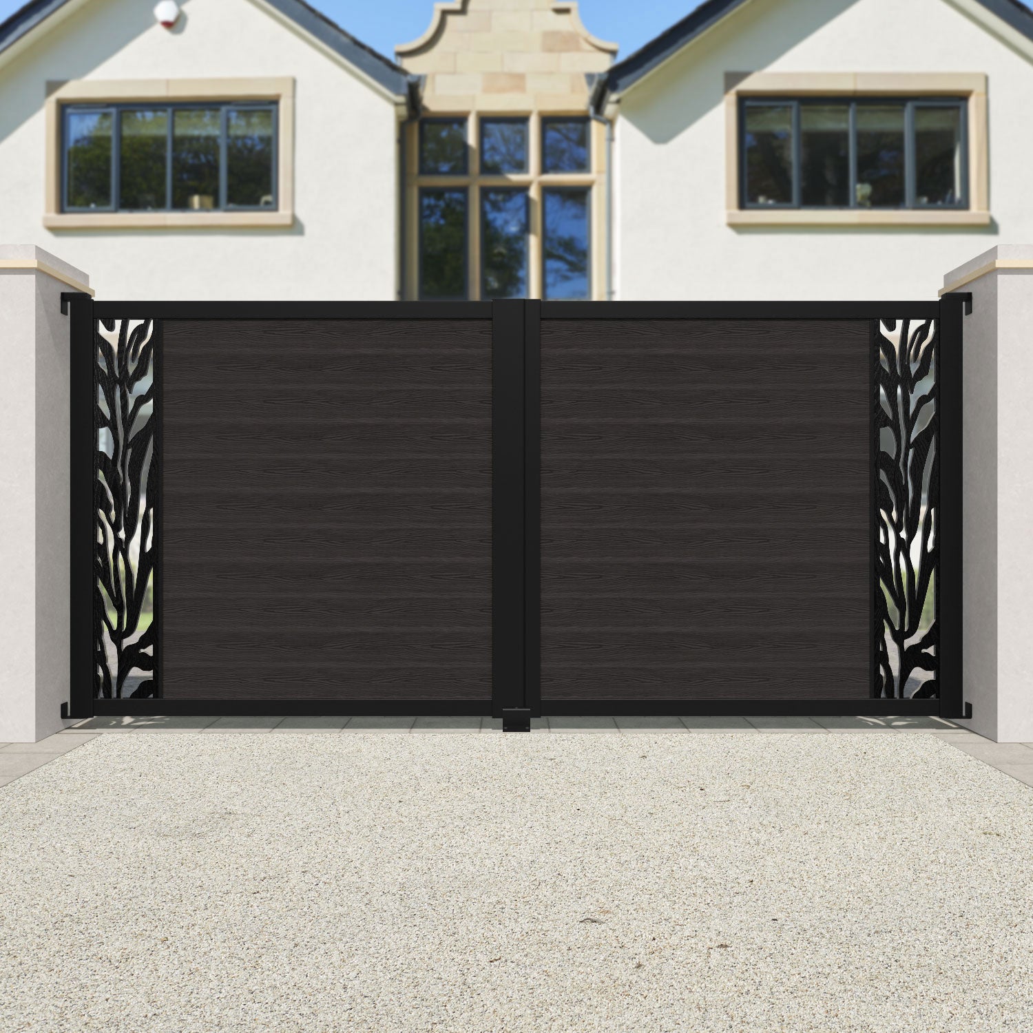 Classic Malawi Straight Top Driveway Gate - Dark Oak Wooden Privacy Fence with End Screen | Durable Outdoor Security Gate for Home, Garden, and Estate Entrance