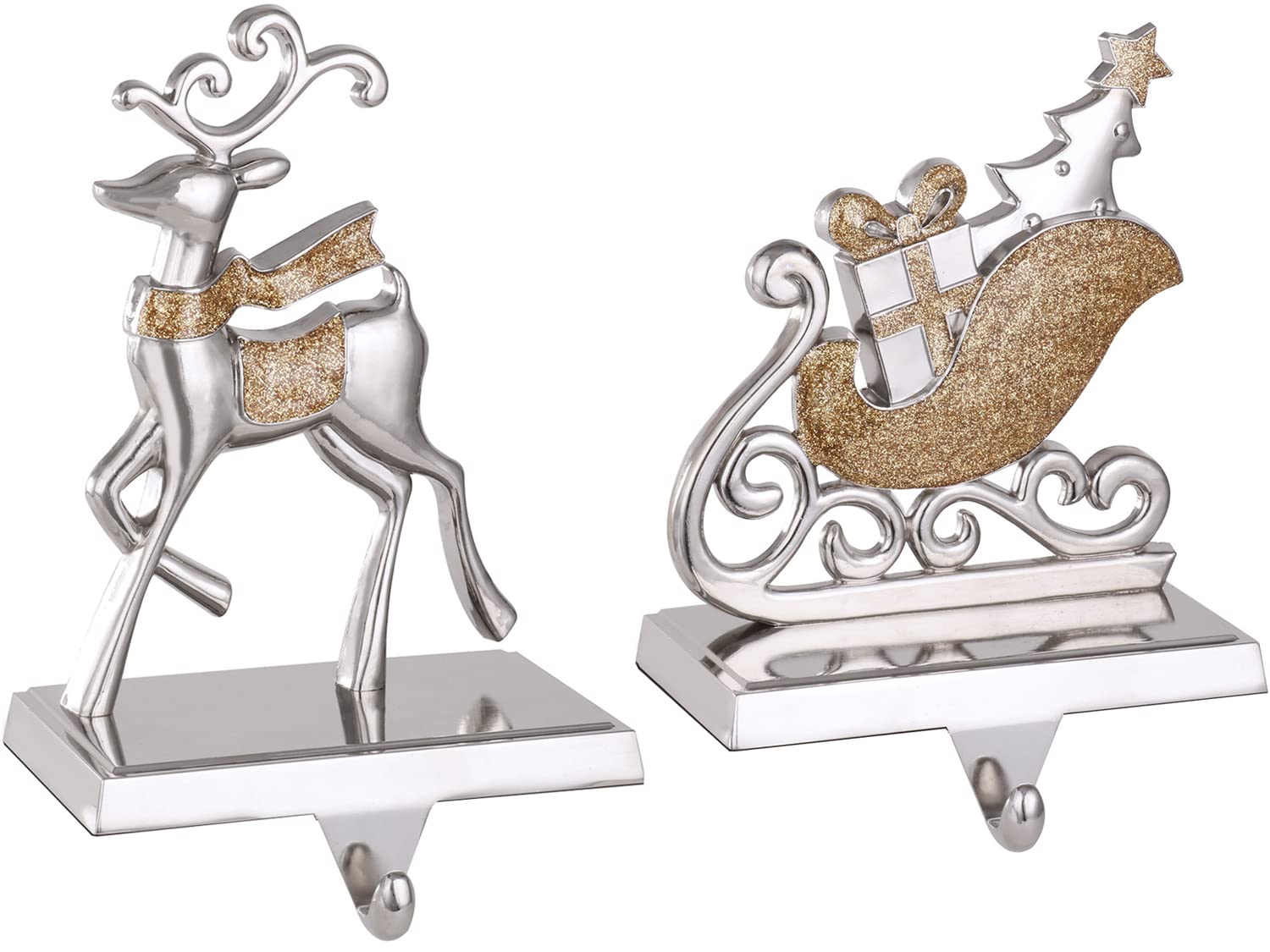 Reindeer Christmas Stocking Holders Set of 2 - Fireplace Mantle Hangers with Anti-Slip Design, Santa & Reindeer Metal Stocking Clips for Holiday Decor (Silver) - Perfect for Fireplace Mantel, Christmas Tree, and Festive Home Decorating