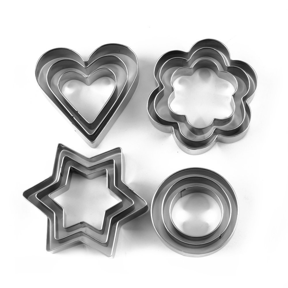 InfiSoul 12-Piece Stainless Steel Cookie Cutter Set - 4 Shapes, 3 Sizes with Embossing Mold for Baking, Cooking, Bread & Sandwich Making - Perfect for Kids, Home Kitchen & Holiday Cookie Decorating