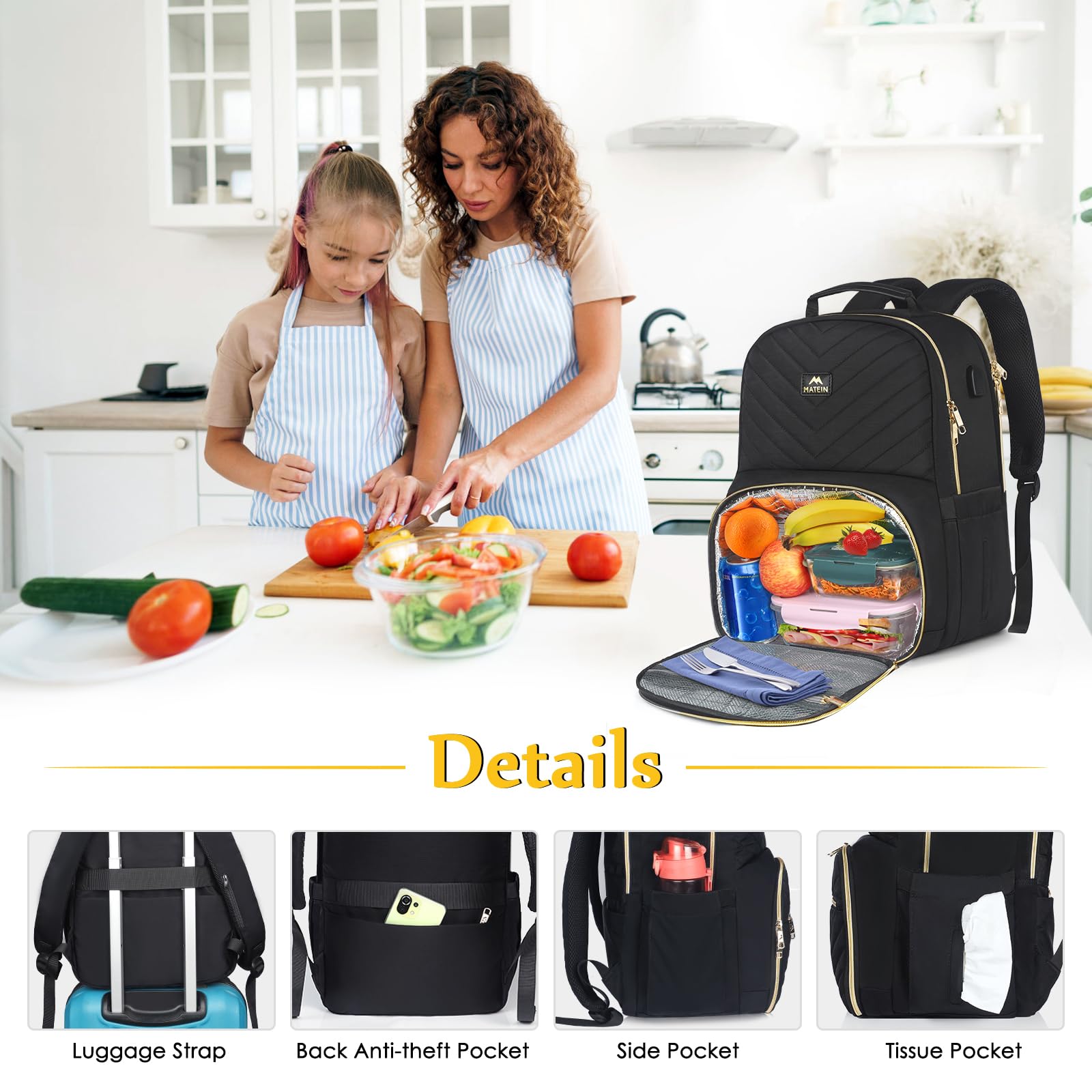 MATEIN 23L Women's Laptop Backpack with USB Charging Port, Insulated Lunch Box & Waterproof Tote Bag - Perfect for Travel, Work, School, Beach, Camping, Hiking & Outdoor Activities